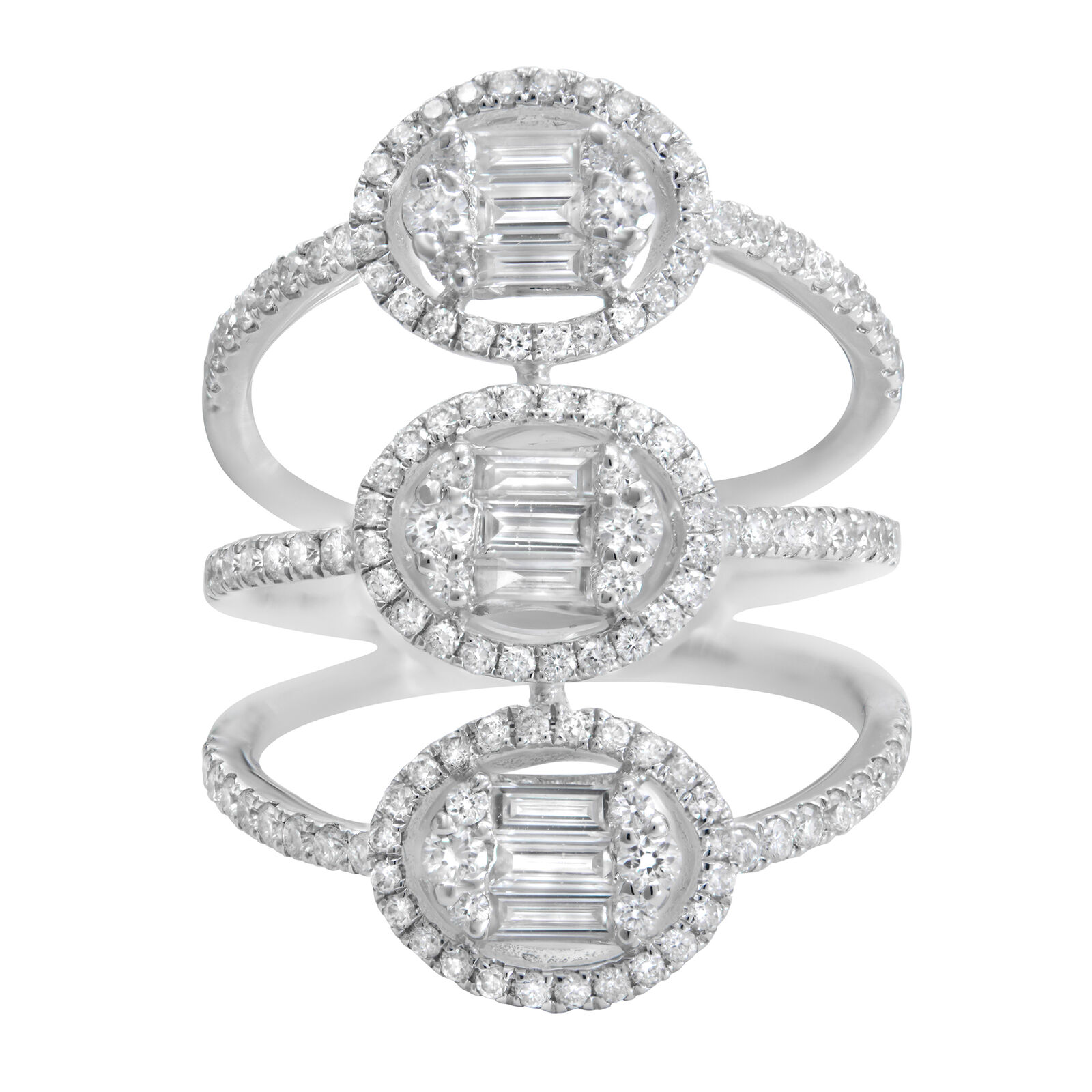 True 18K White Gold Three Row Diamond Cocktail Ring 1.14Cttw Size 6.5
