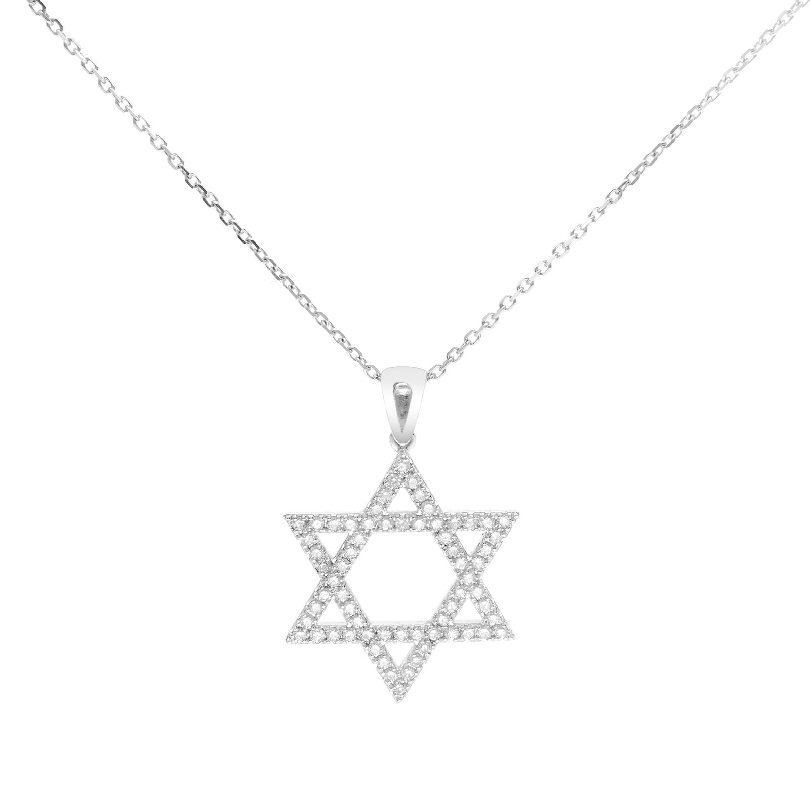 True 14K White Gold Jewish Star Of David Diamond Necklace 0.51cttw