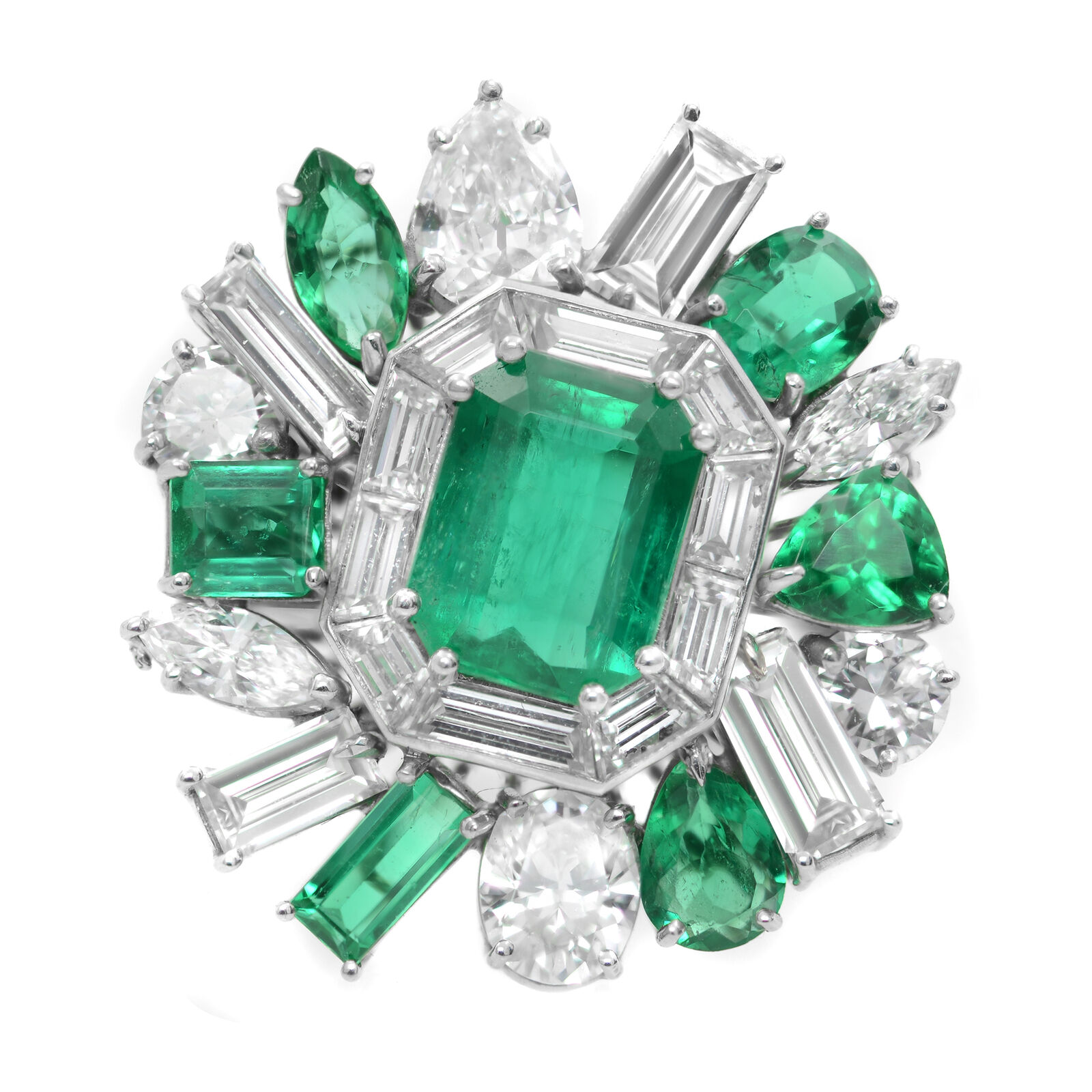 True Platinum Colombian Green Emerald Diamond Entourage Cocktail Ring 10.44Cttw SZ 7
