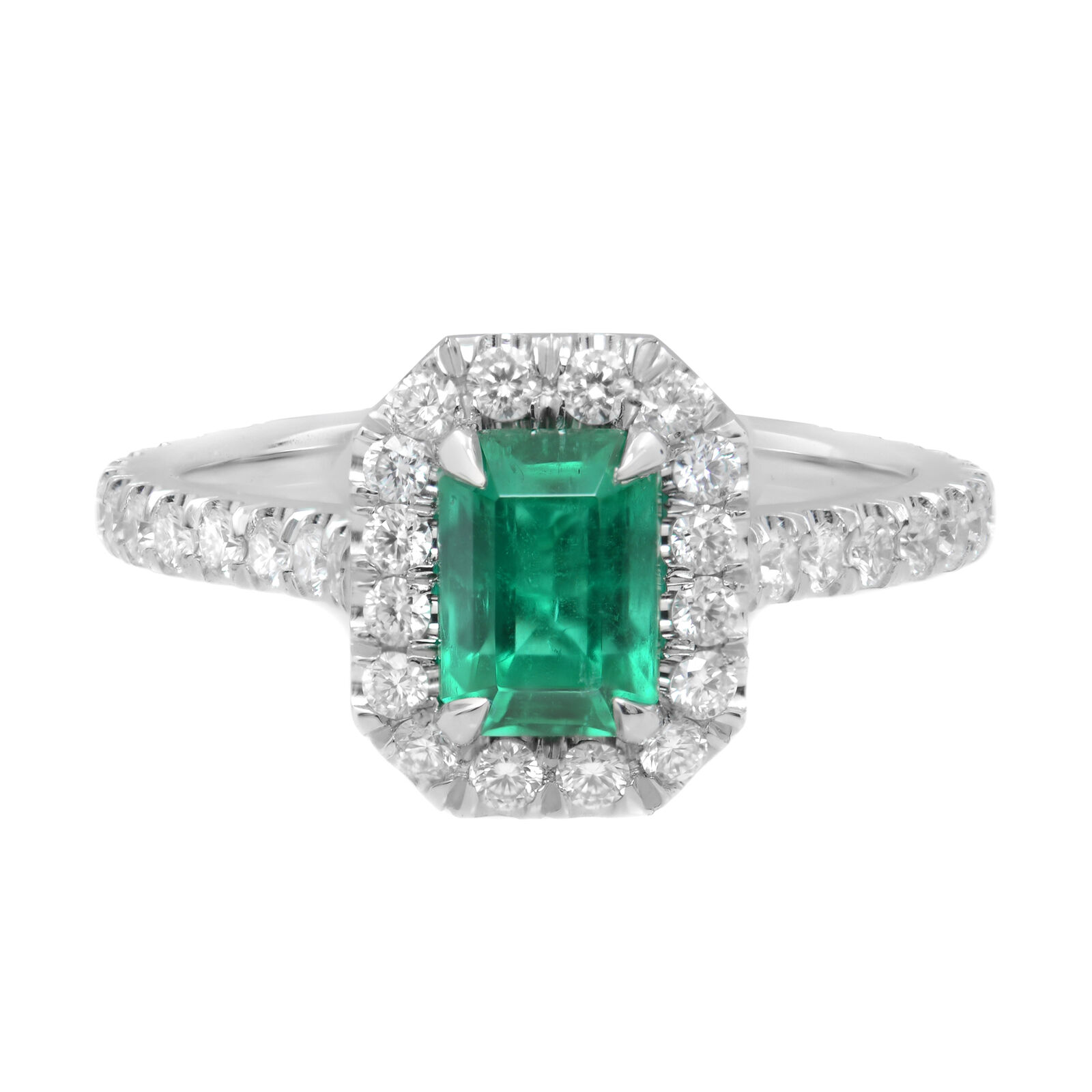 True Platinum Colombian Vivid Green 0.90Ct Emerald Diamond Halo Engagement Ring