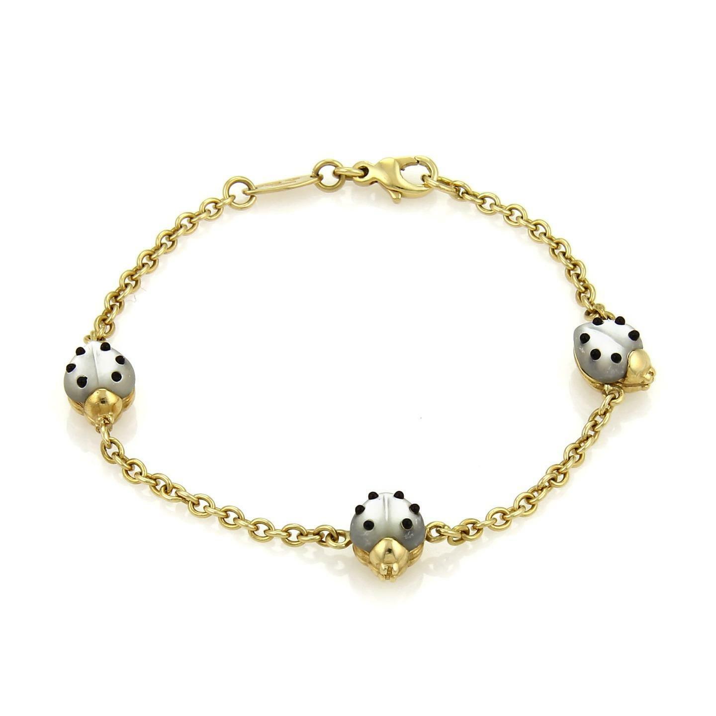 Chopard Mother of Pearl  Onyx 3 Ladybug Charms Chain 18k Gold Bracelet