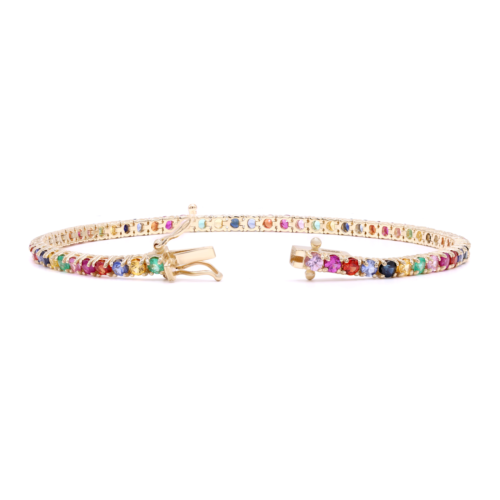 True Natural Sapphire Rainbow Tennis Bracelet 14K Yellow Gold 4.41Cttw 7 Inches