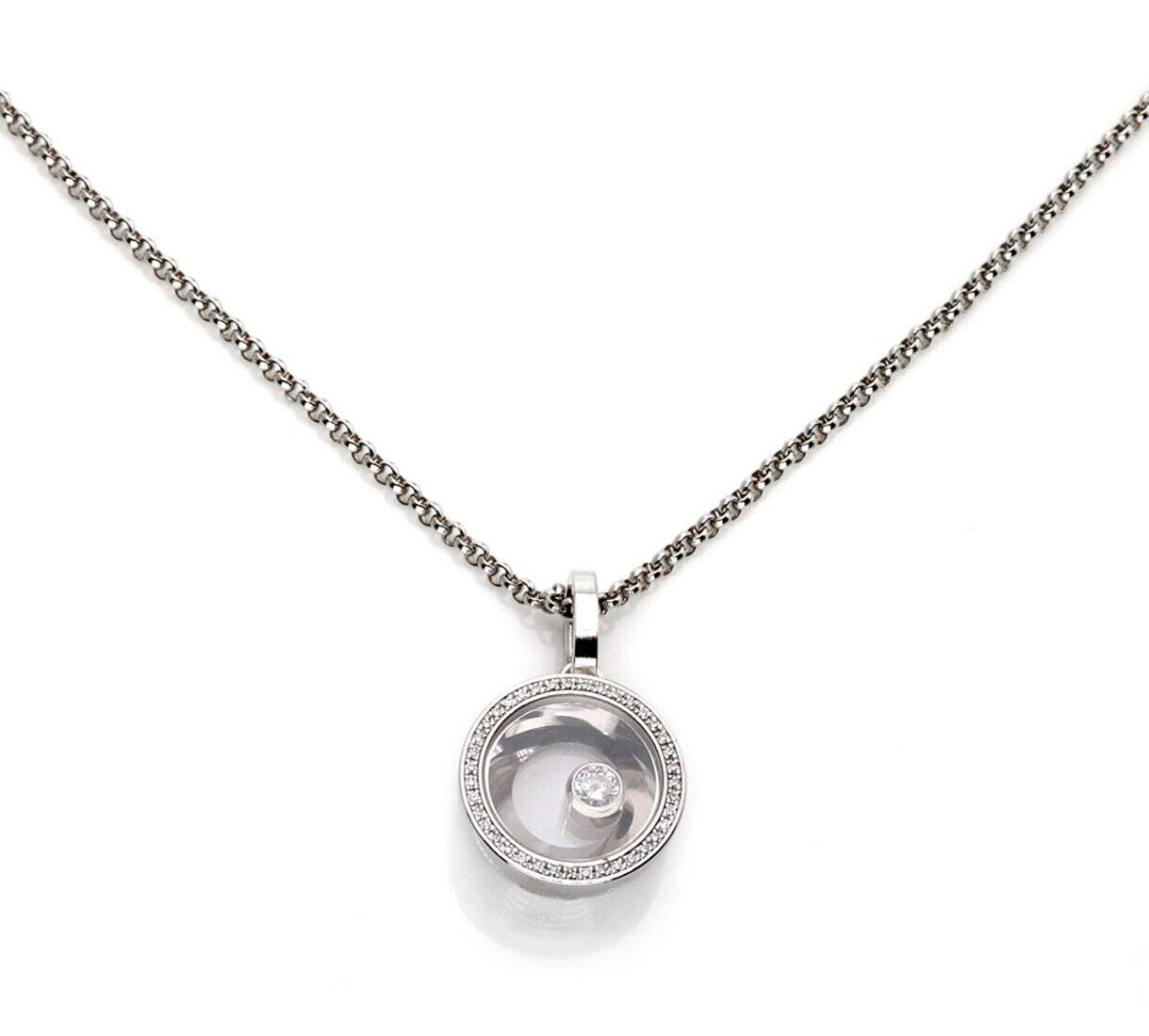 Chopard Happy Diamond 18k White Gold Round Diamond Bezel Pendant Necklace