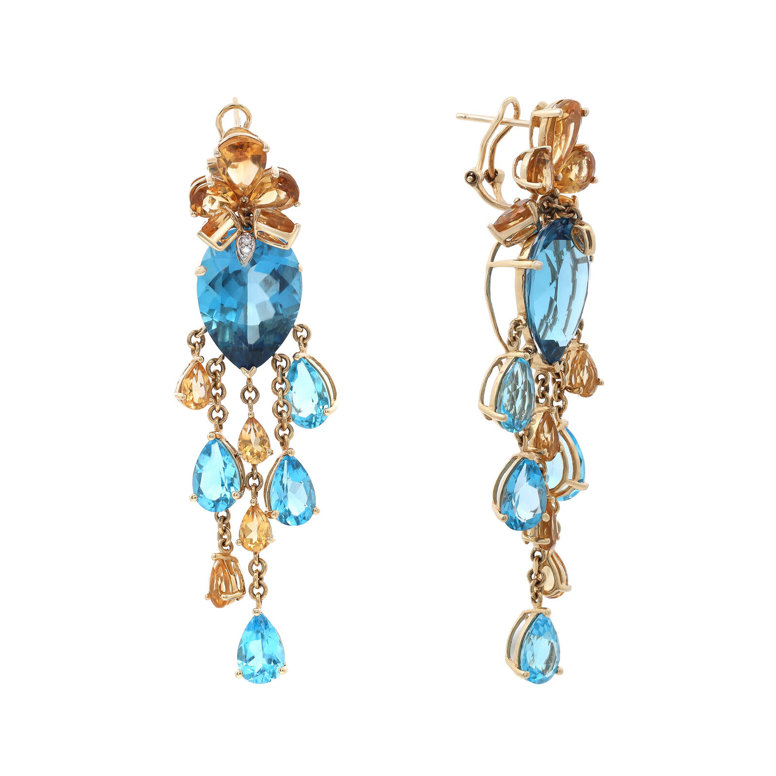 True Blue Topaz Citrine  Diamond Long Dangle Ladies Earrings 14K Yellow Gold