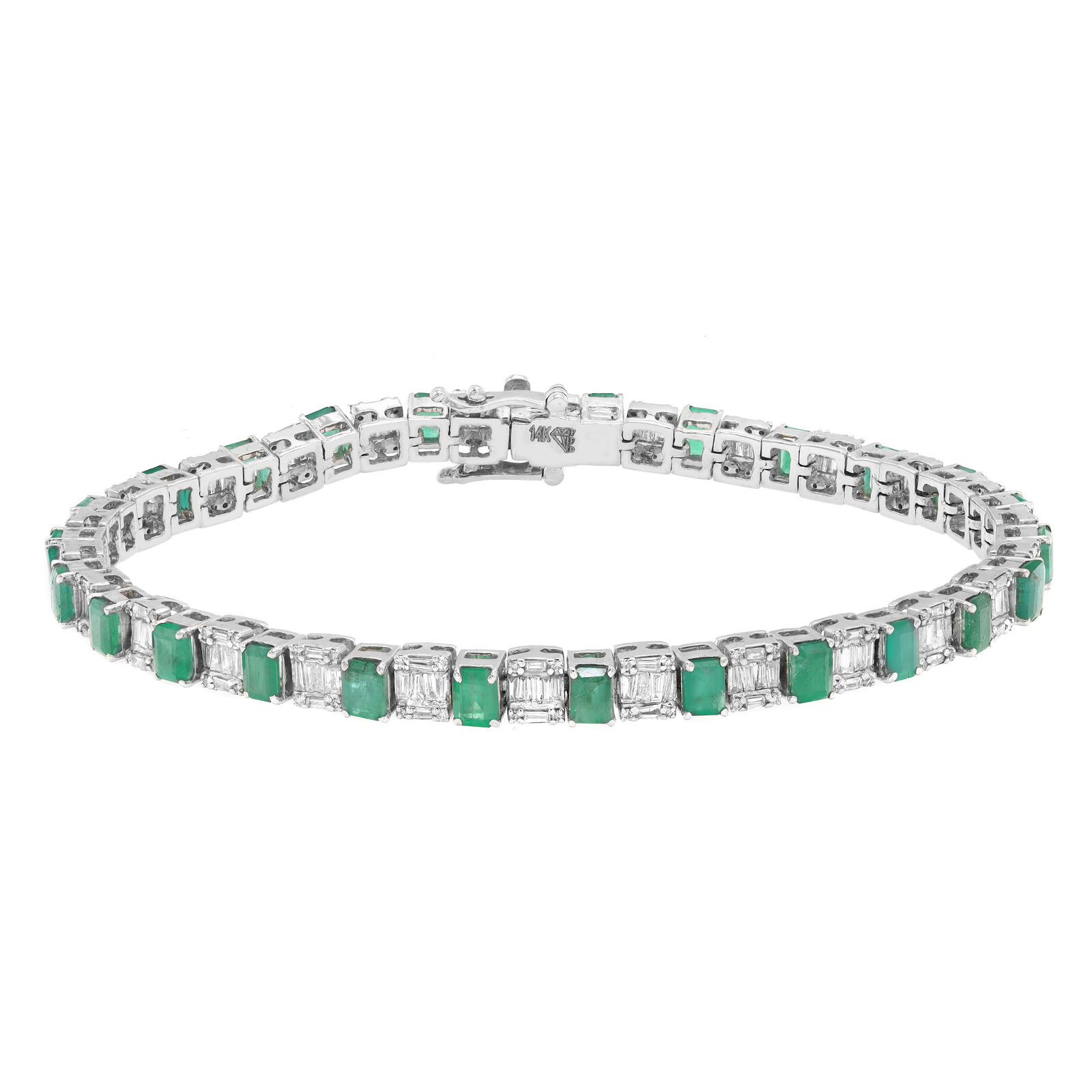 True Green Emerald  Diamond Tennis Bracelet 14K White Gold 7 Inches