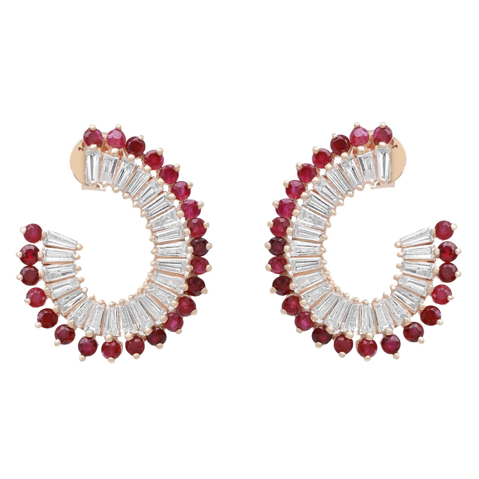 True Red Ruby  Diamond Hoop Earrings   Yellow Gold