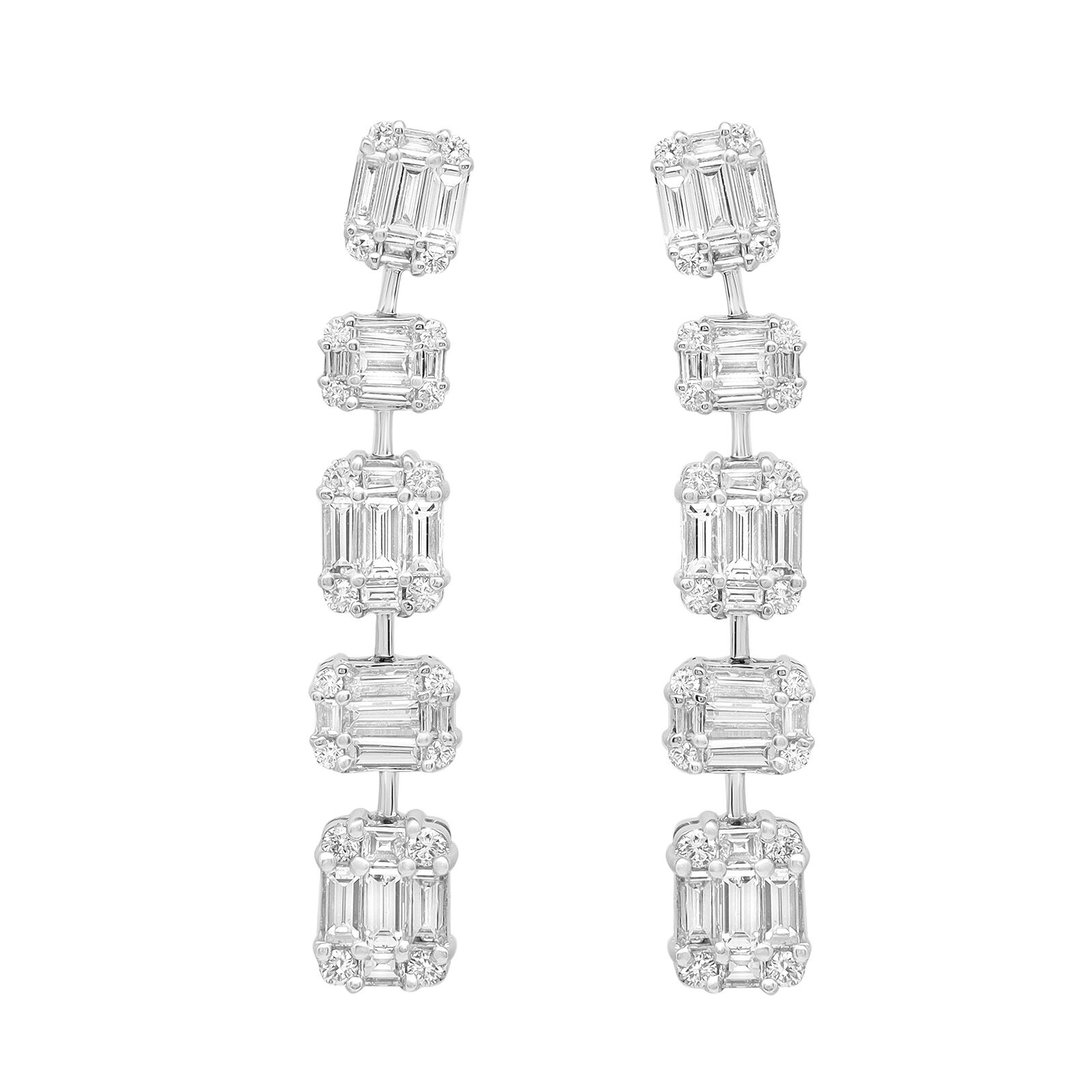 True Baguette  Round Cut Diamond Drop Earrings 18K White Gold