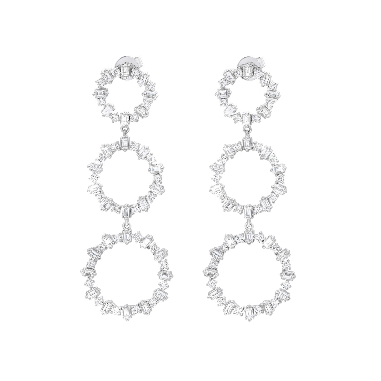 True Baguette  Round Cut Diamond Dangle Drop Earrings 18K White Gold