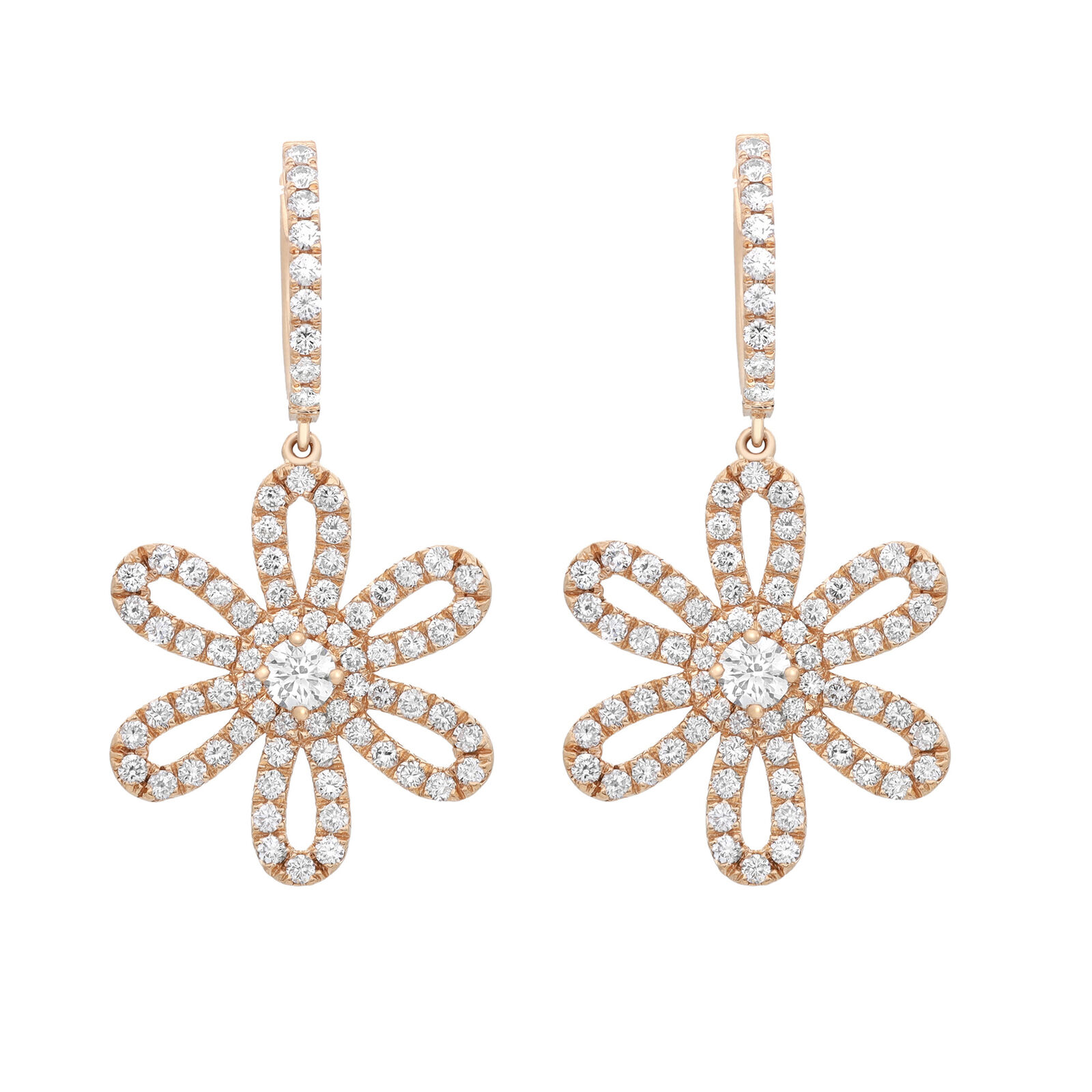 True Round Cut Diamond Flower Drop Earrings 18K Yellow Gold