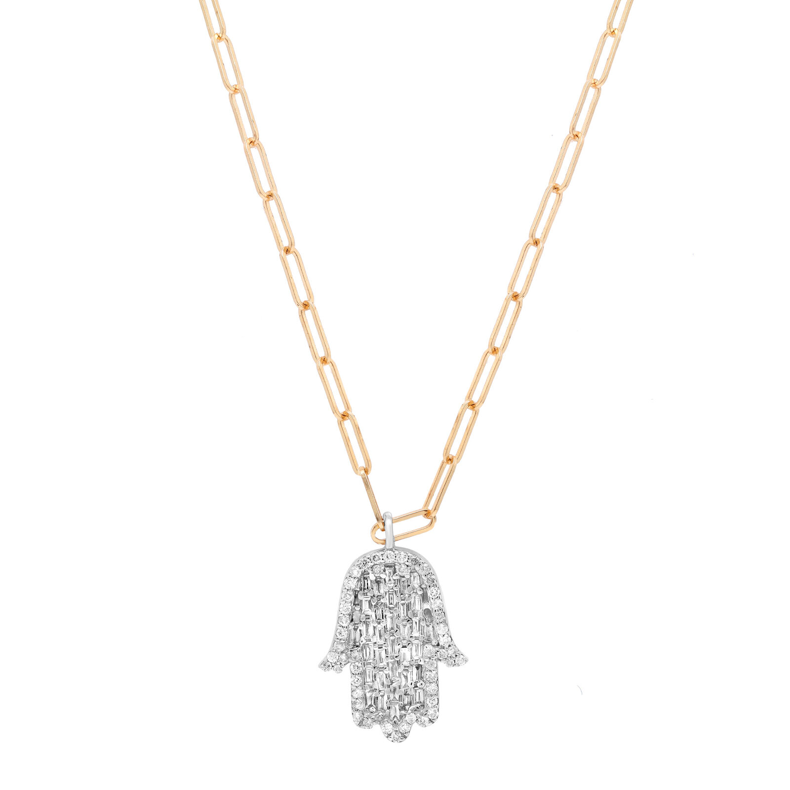 True Baguette  Round Cut Diamond Hamsa Pendant Necklace 14K Gold