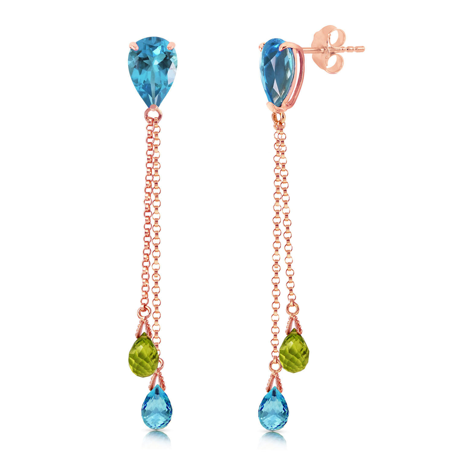 7.5 CTW 14K Solid Rose Gold Chandelier Earrings Blue Topaz Peridot