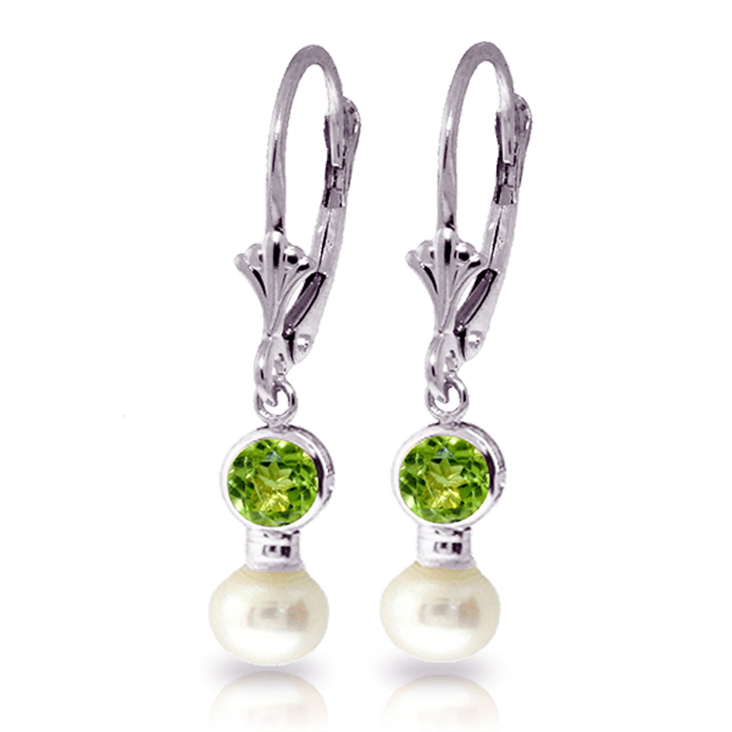 5.2 CTW 14K Solid White Gold Leverback Earrings Cultured Pearl Peridot
