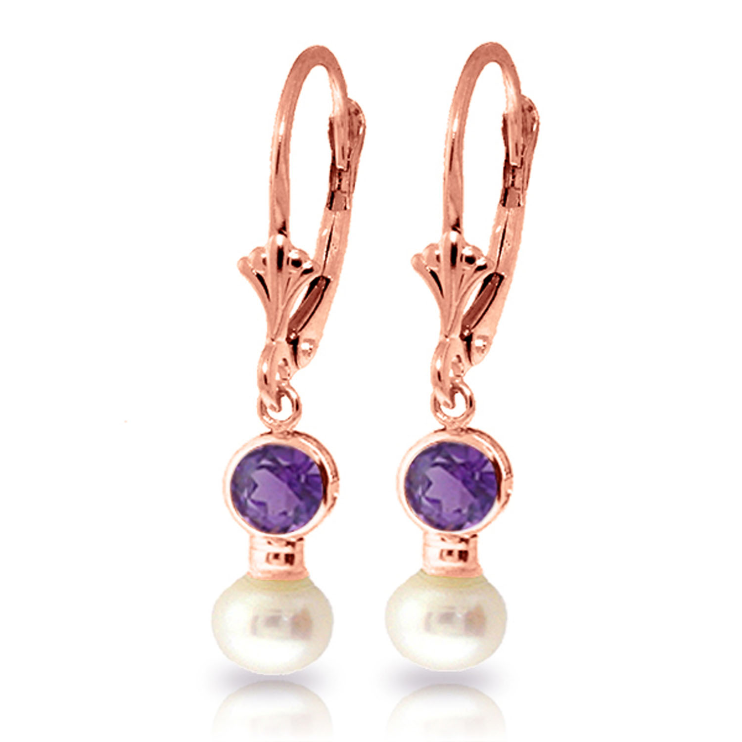 5.2 CTW 14K Solid Rose Gold Leverback Earrings Cultured Pearl Amethyst