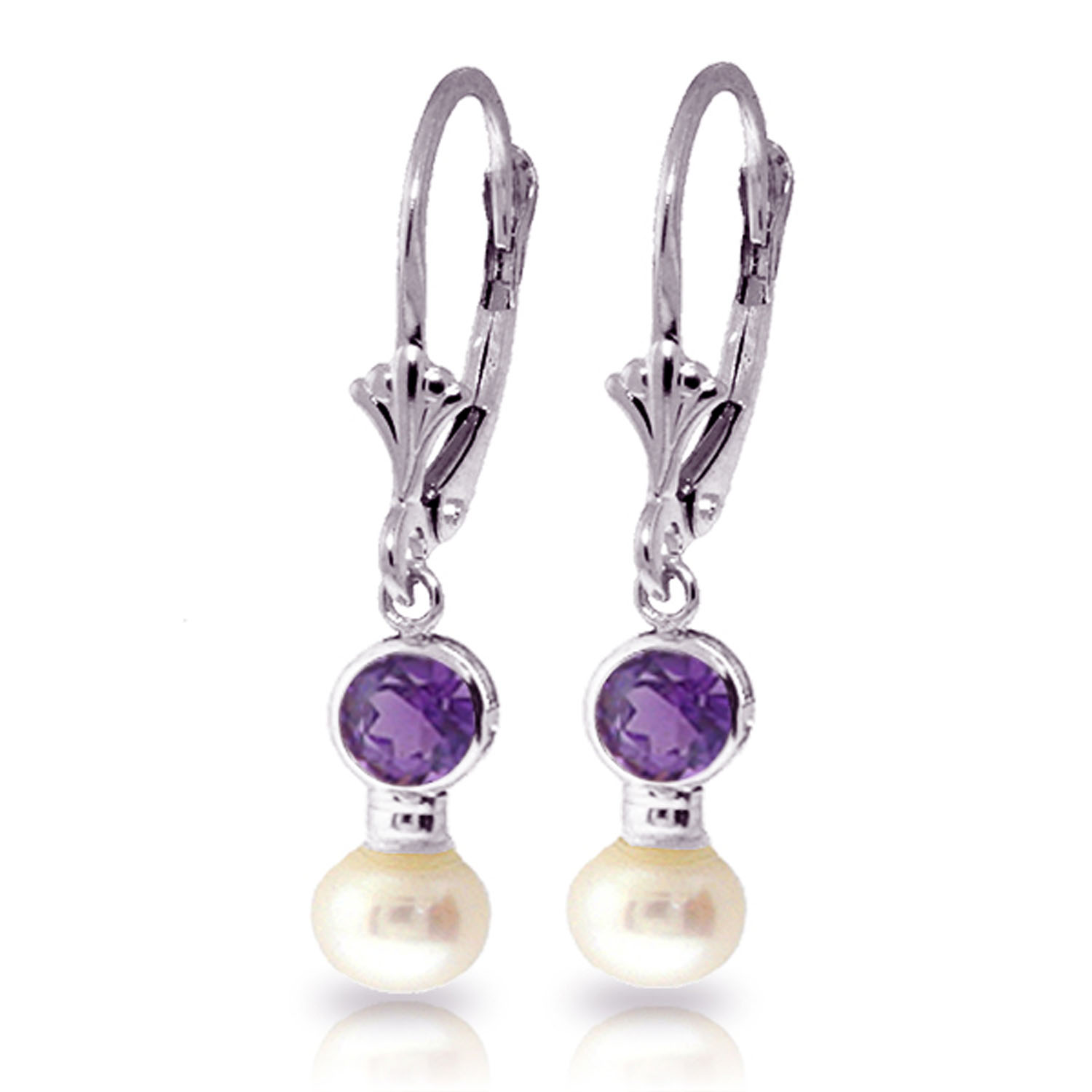 5.2 CTW 14K Solid White Gold Leverback Earrings Cultured Pearl Amethyst