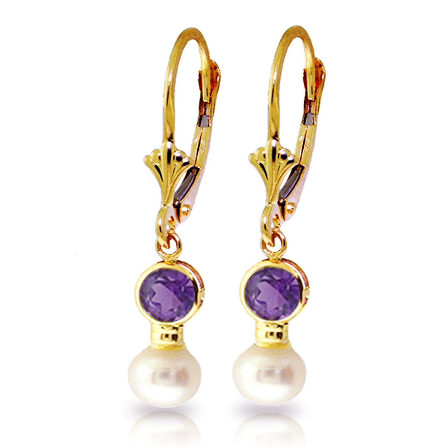 5.2 CTW 14K Solid Gold Leverback Earrings Cultured Pearl Amethyst