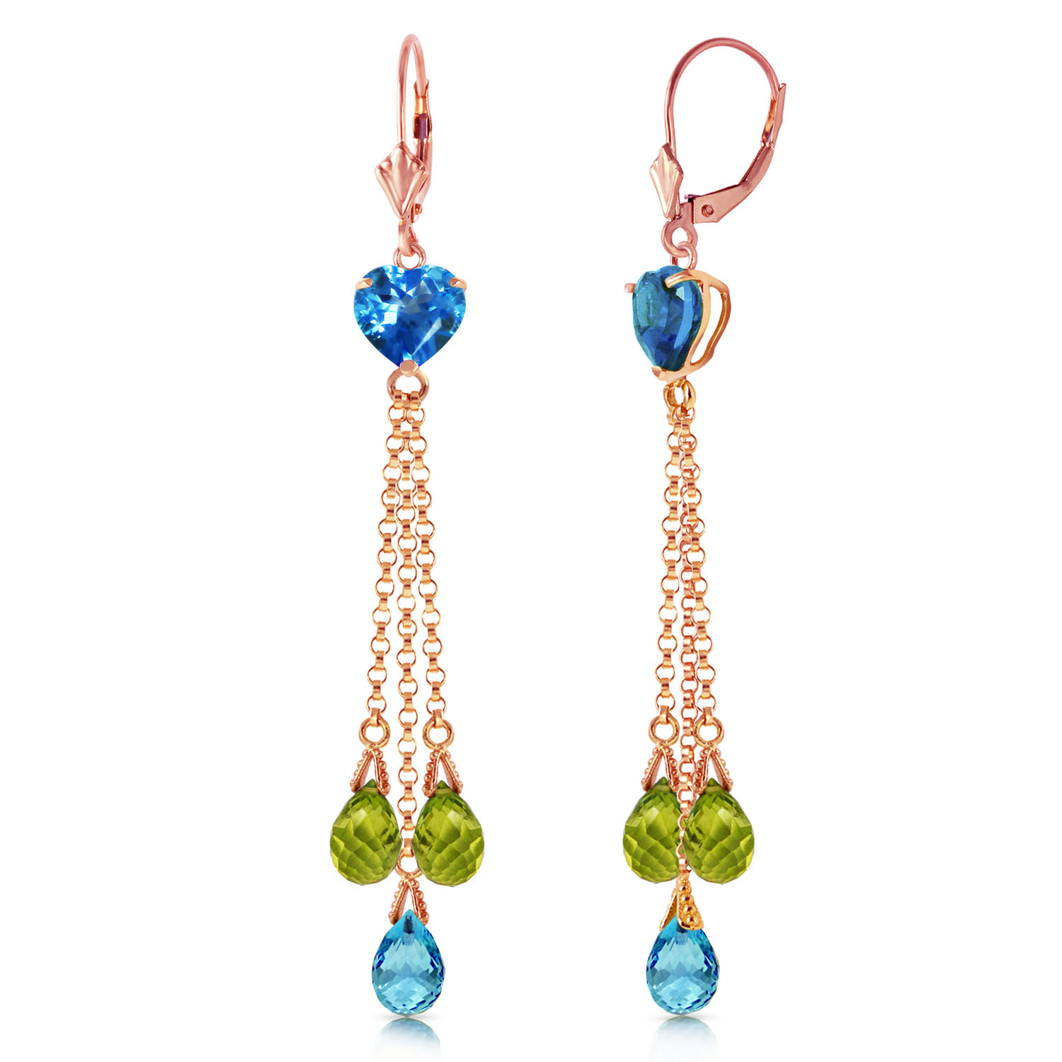 14K Solid Rose Gold Chandelier Earrings Briolette Blue Topaz  Peridots