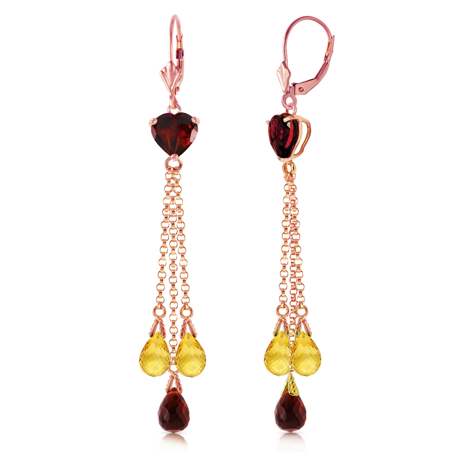 14K Solid Rose Gold Chandelier Earrings with Briolette Garnets  Citrines