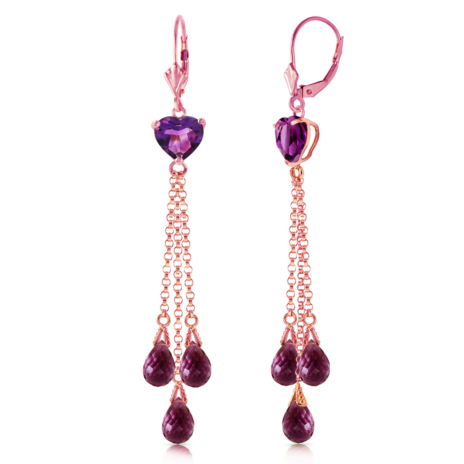 14K Solid Rose Gold Chandelier Earrings with Briolette Amethyst
