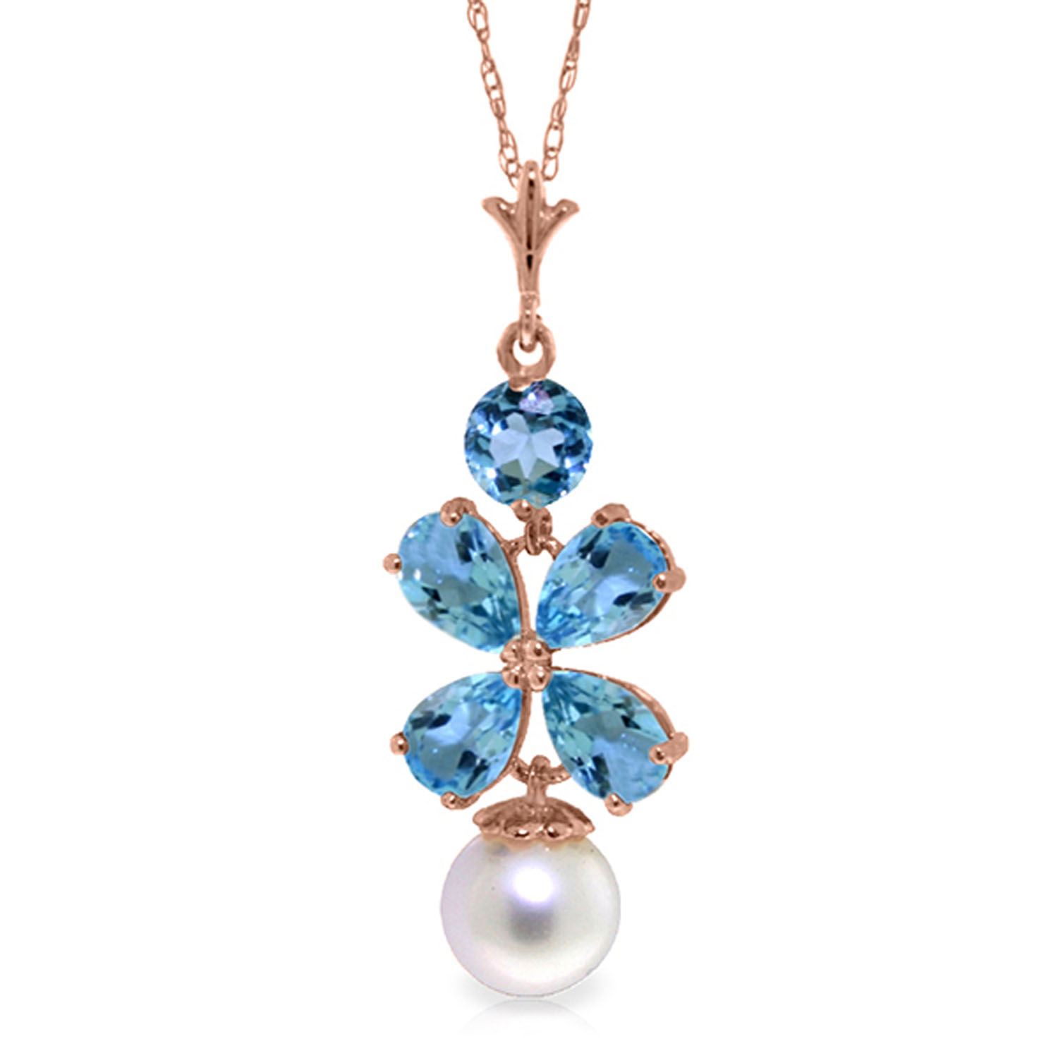14K Solid Rose Gold Necklace with Blue Topaz  Cultured Pearl