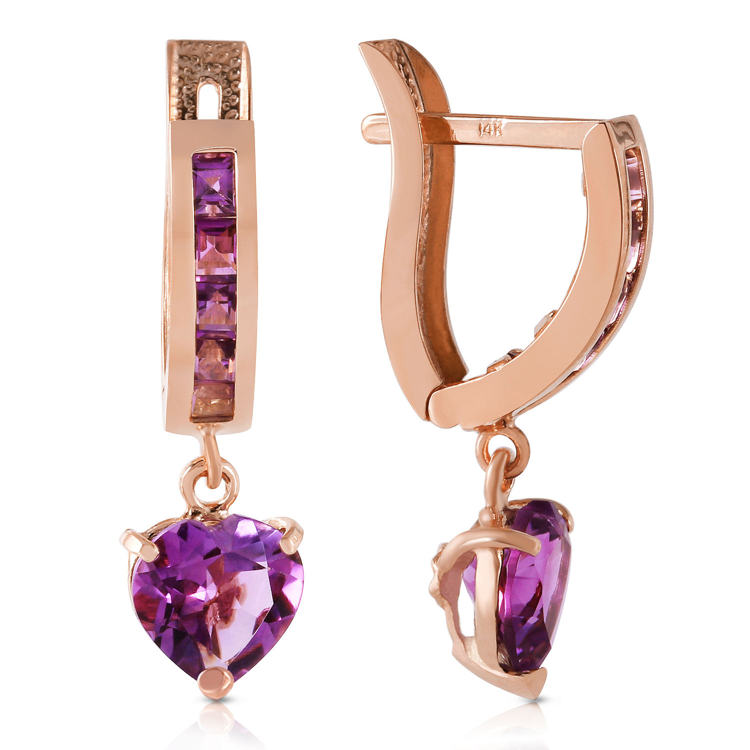 3.2 CTW 14K Solid Rose Gold V-shape Hoop Earrings Heart Amethyst