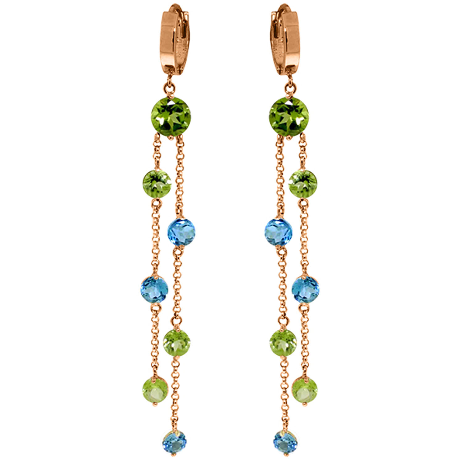 14K Solid Rose Gold Chandelier Earrings with Peridots  Blue Topaz