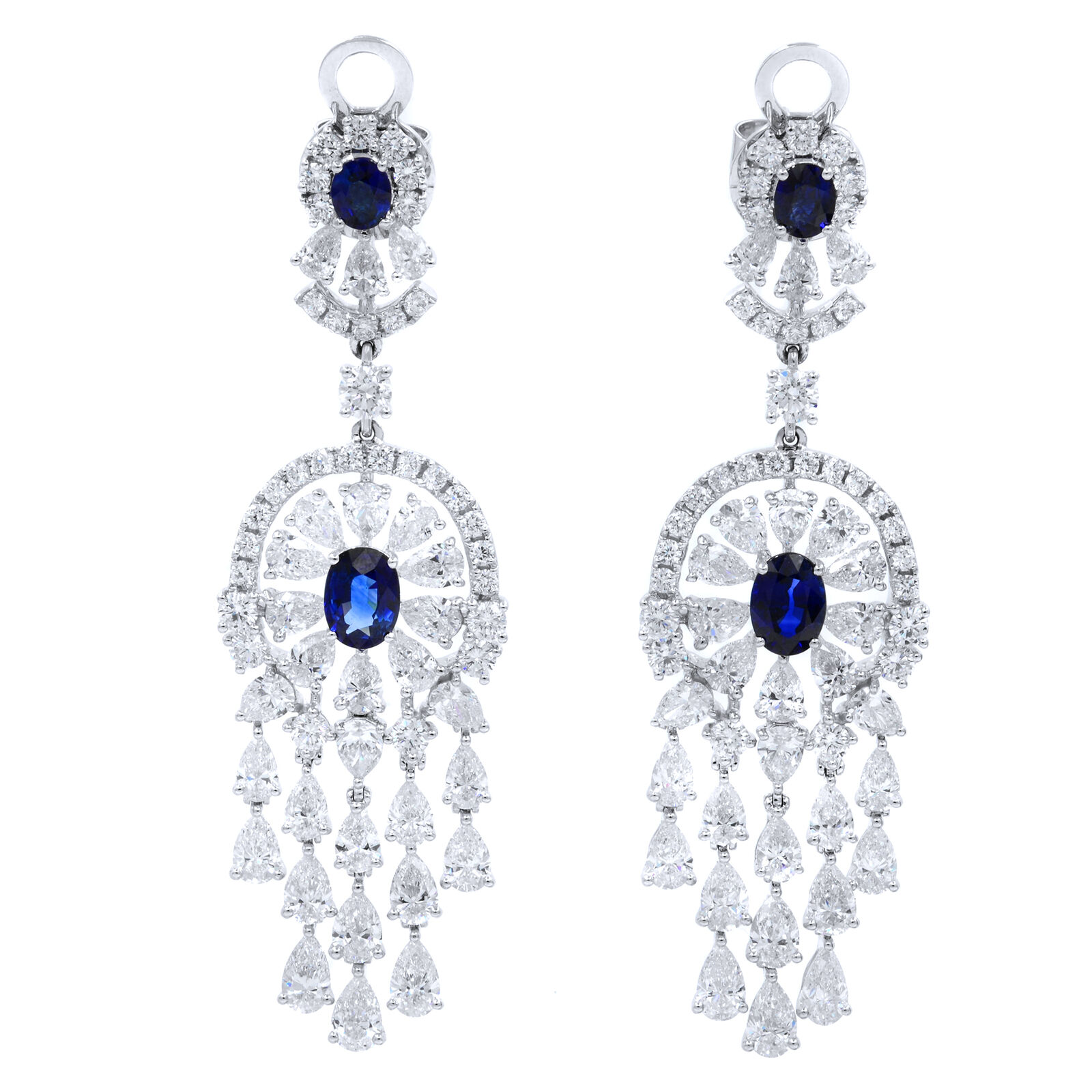 True 18K White Gold Sapphire Diamond Chandelier Drop Dangle Ladies Earrings