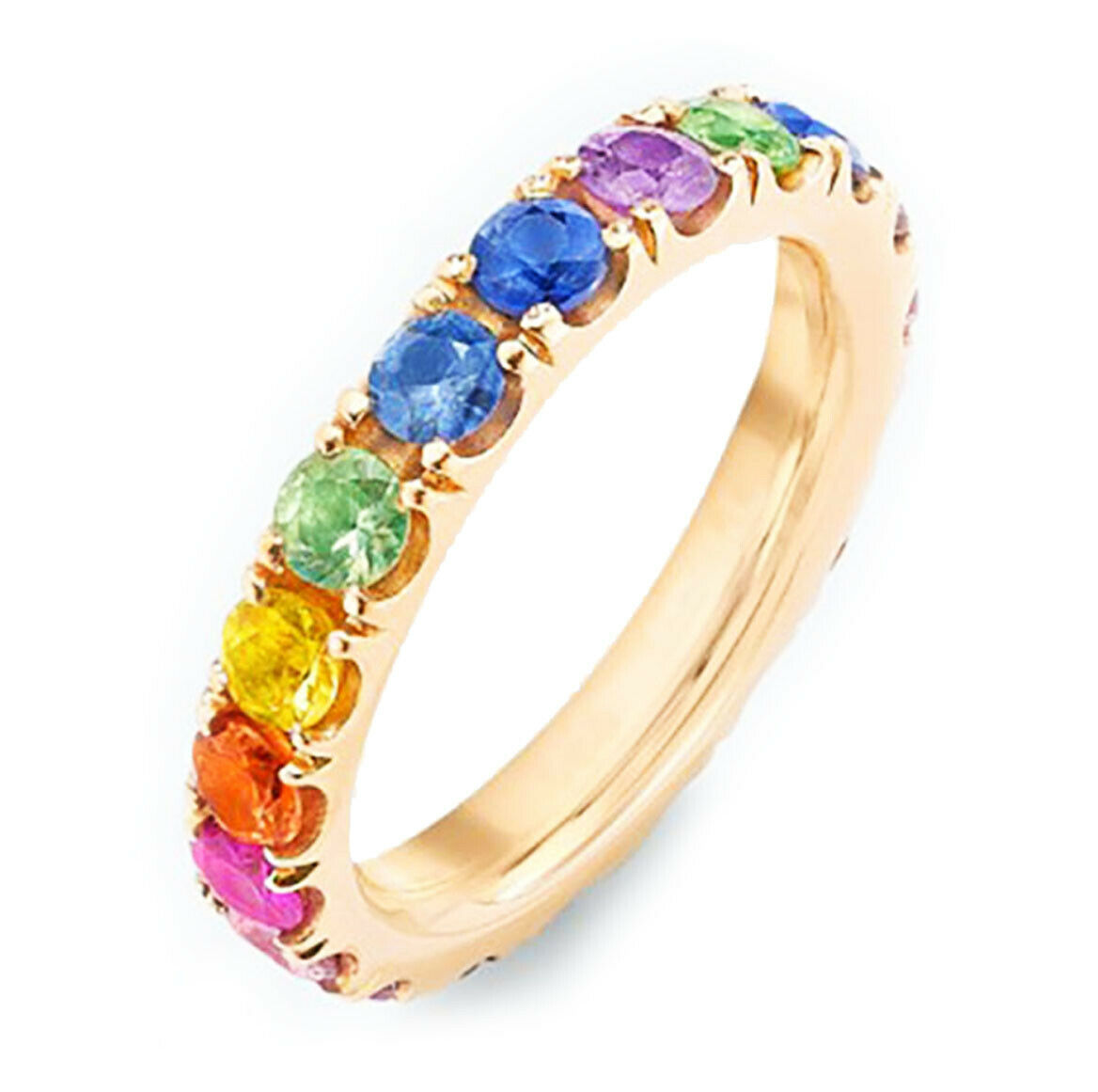 True Genuine Gemstone Rainbow Eternity Band 18K Yellow Gold  Size 6.5