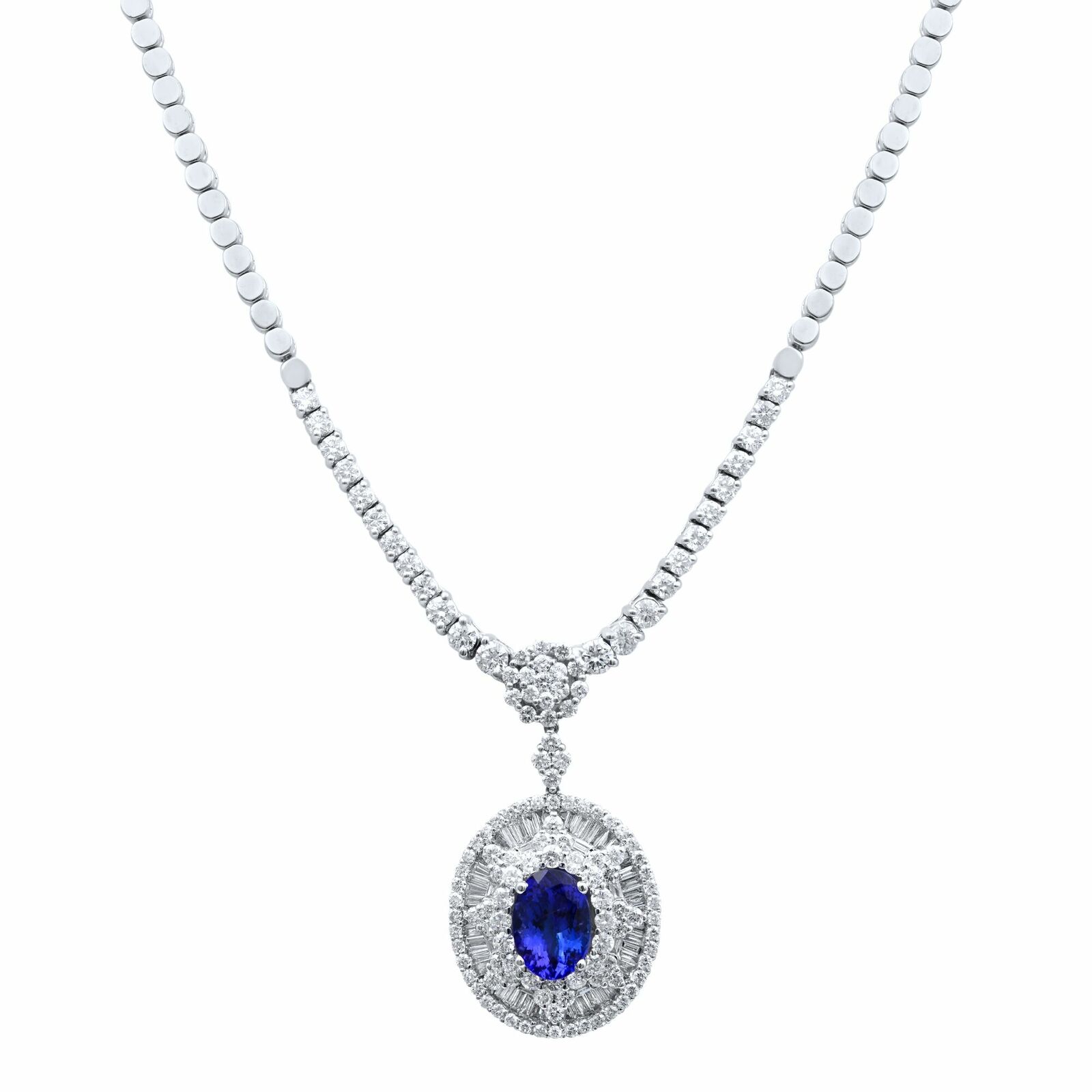 True 18K White Gold Blue Tanzanite And Diamond Necklace