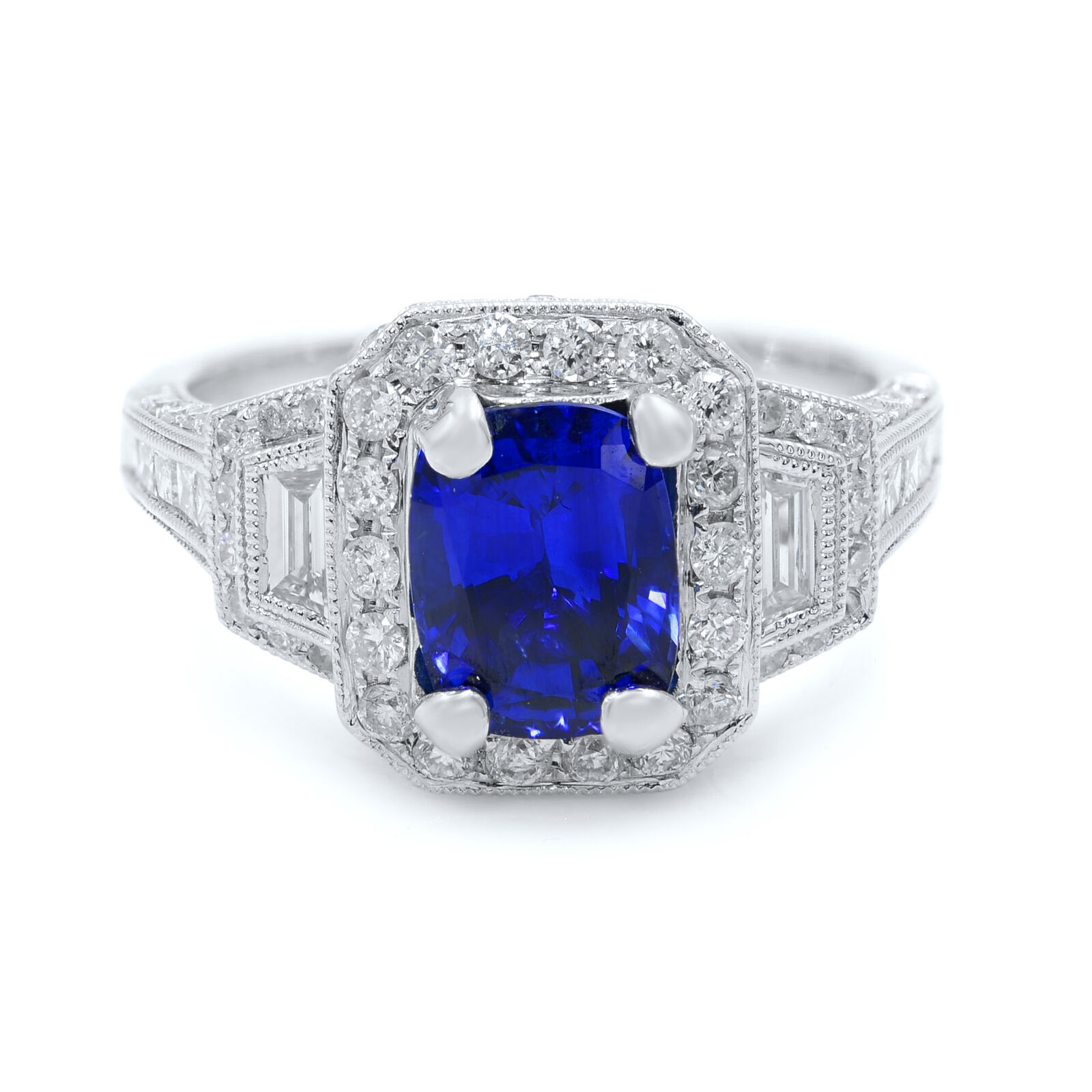 True Cushion Cut Sapphire Vintage Inspired Diamond Ring 18K White Gold