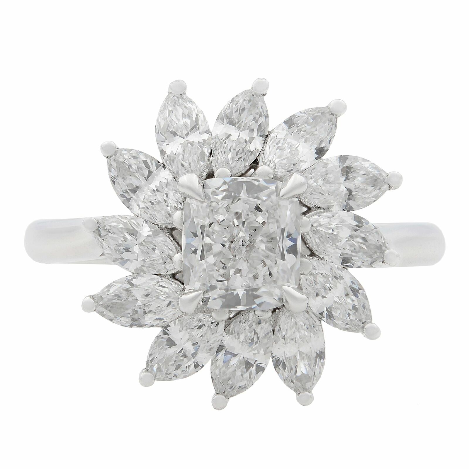 True 18K White Gold Cushion and Marquise Cut Diamond Cocktail Ring 2.05Ct