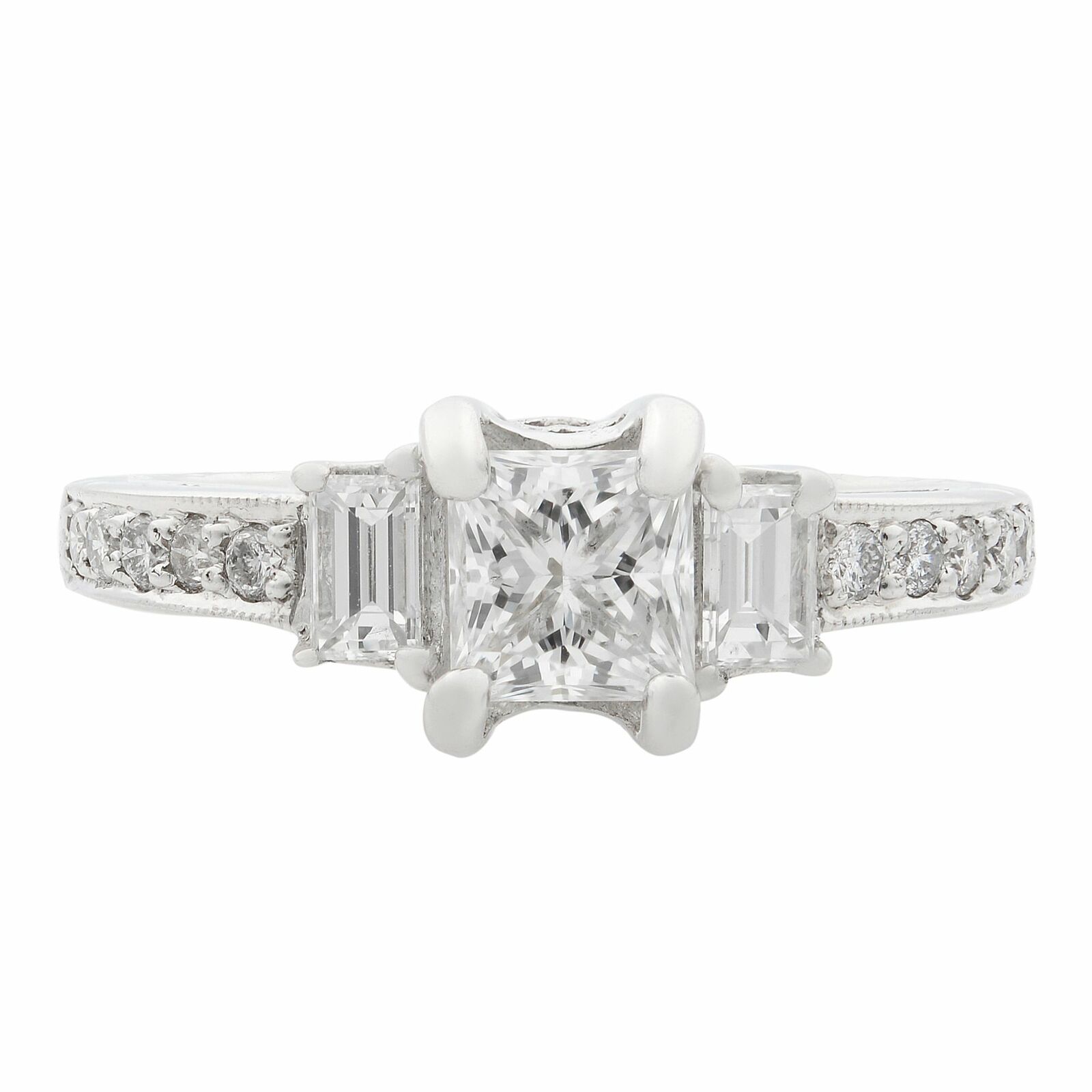 True 18K White Gold Princess  Emerald Cut Three Stone Engagement Ring 1.36ct SZ 6.5