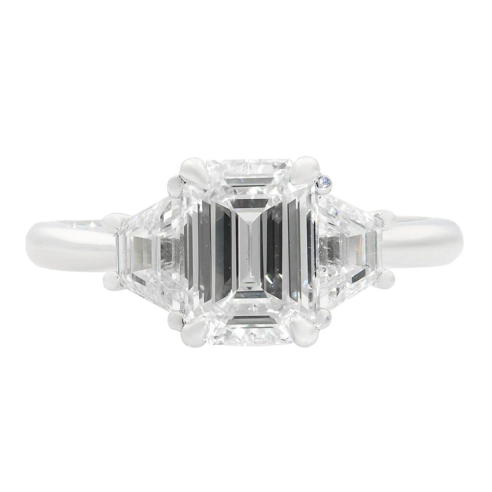 True 18k White Gold Emerald  Trapezoid Three Stone Diamond Engagement 1.96ct Ring