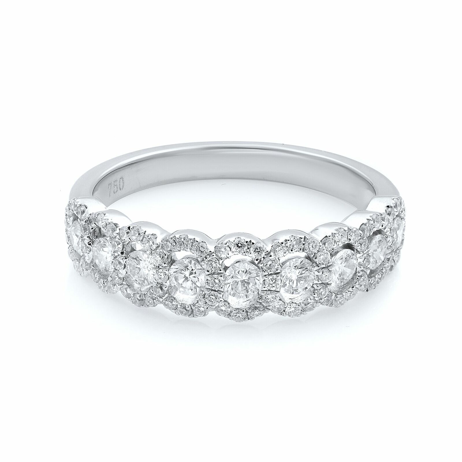 True 18K White Gold Diamond Halo Half Way Band 0.70ct Ring 6.75