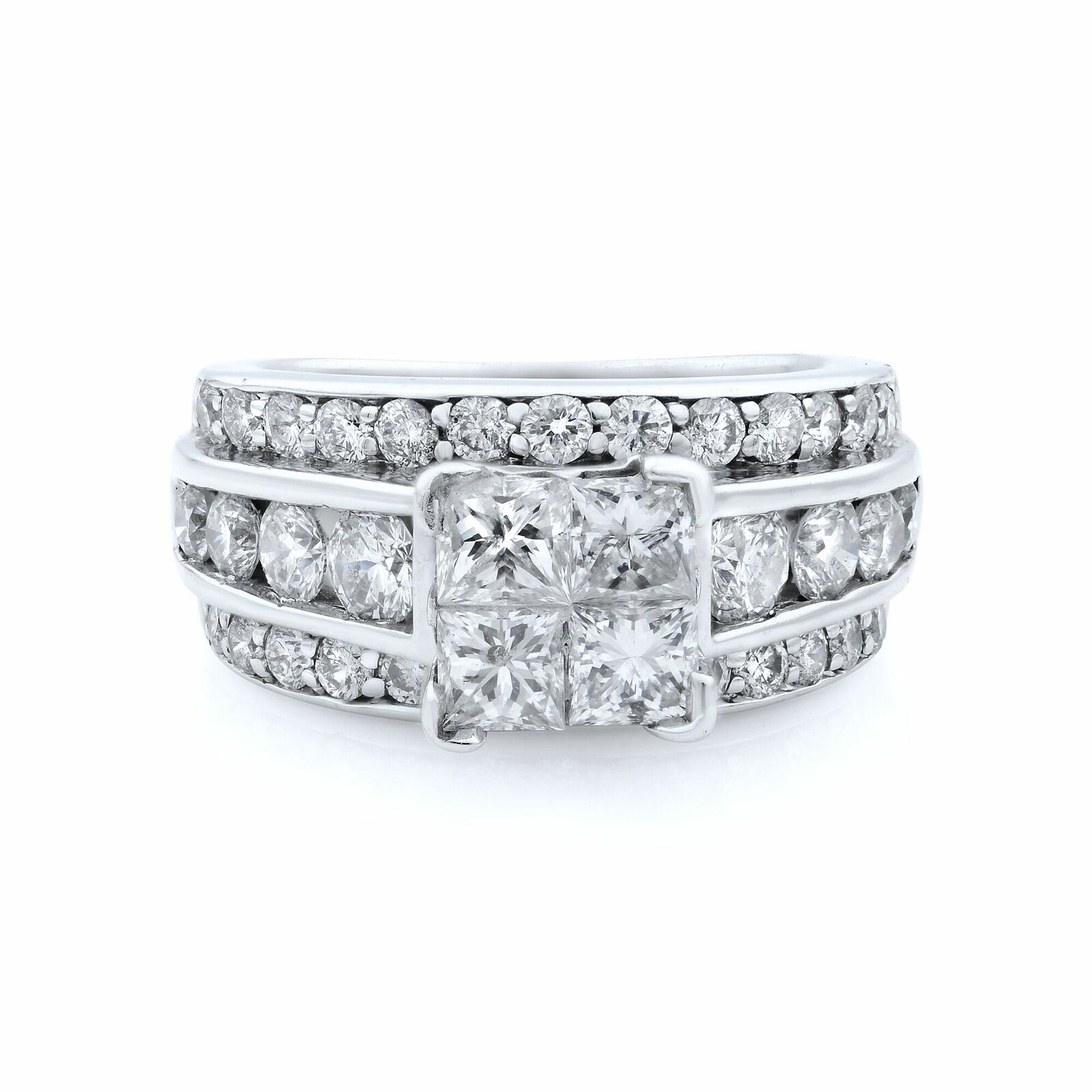 True 14K White Gold Princess Head Wide Engagement Ring 3.00ct SZ 4.75