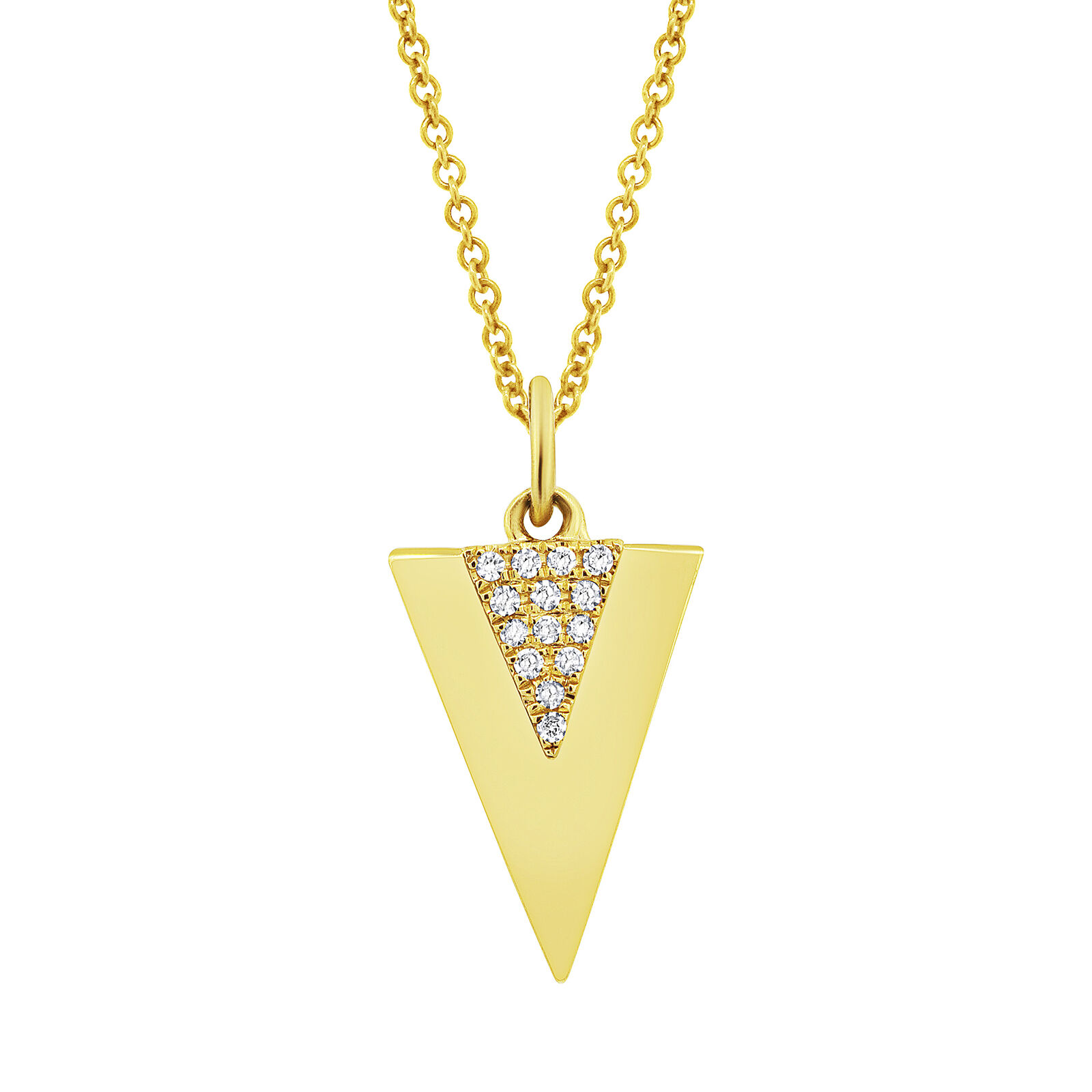 True 14K Yellow Gold Pave Diamond 0.03cttw Double Triangle Pendant 18 Inch Necklace