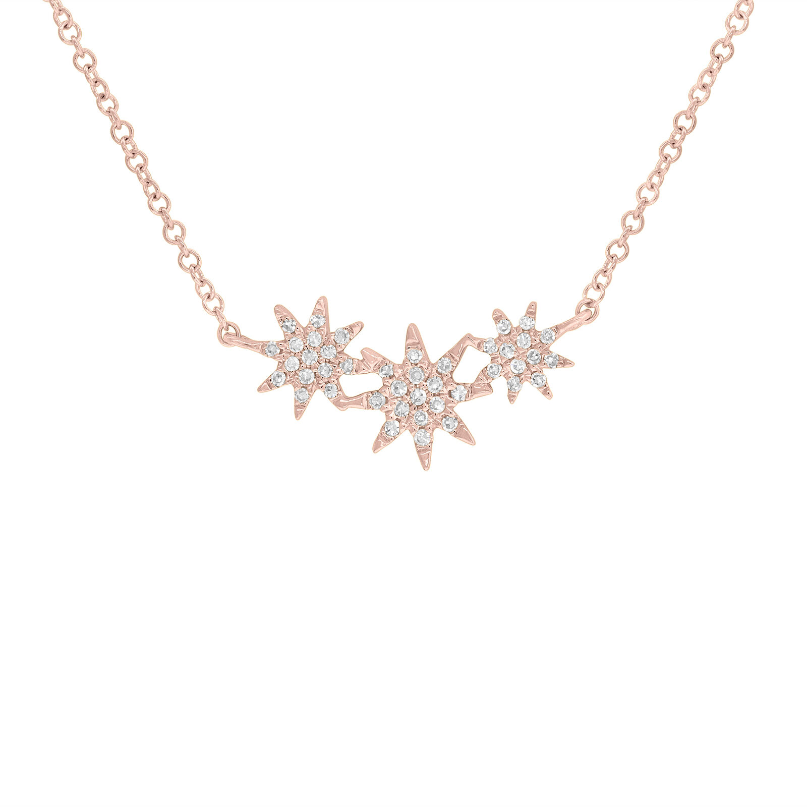 True 14K Rose Gold Pave Diamond 0.09cts Mini Stars 17 Inch Necklace