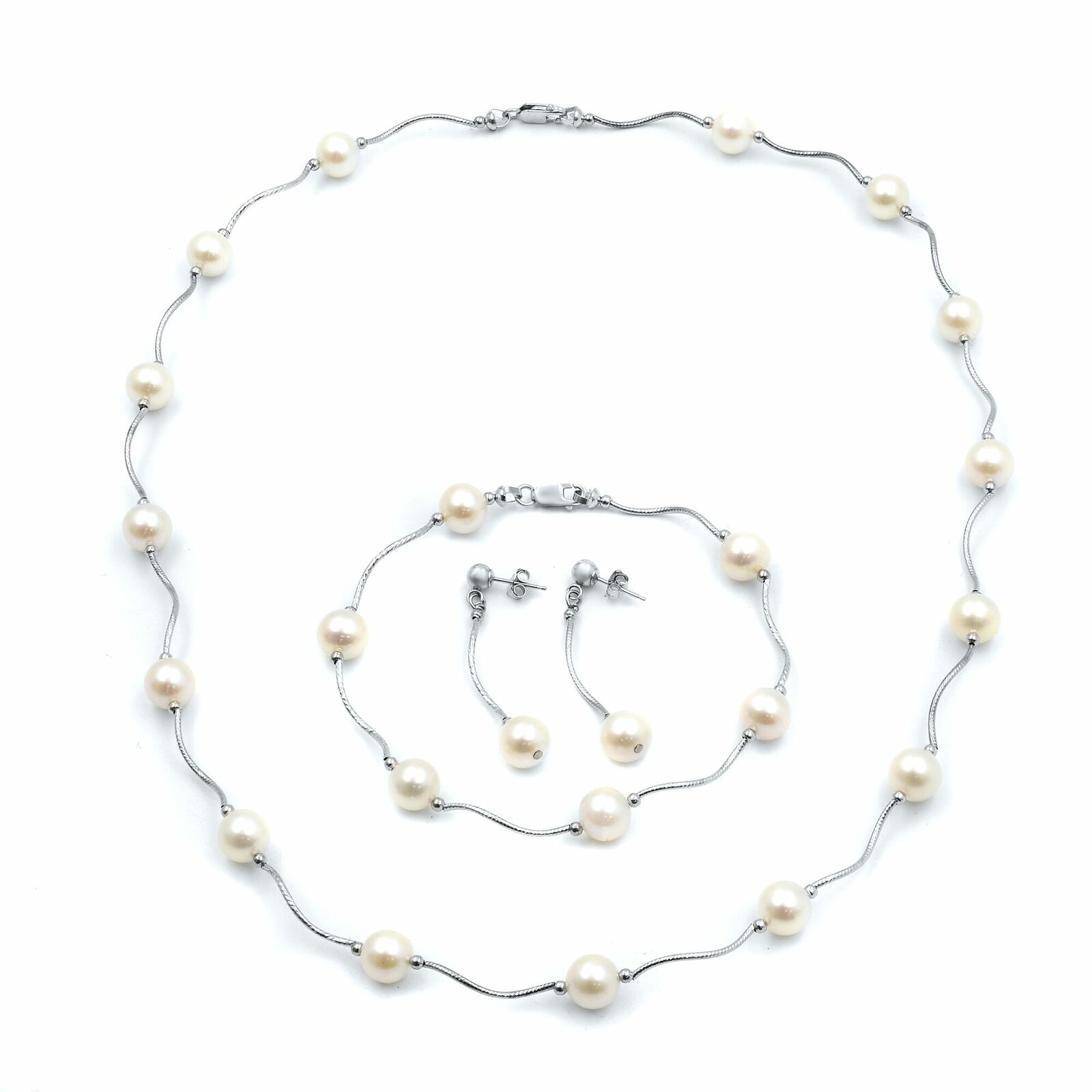 True 14K White Gold and Pearl Jewelry Set Necklace Bracelet  Earrings