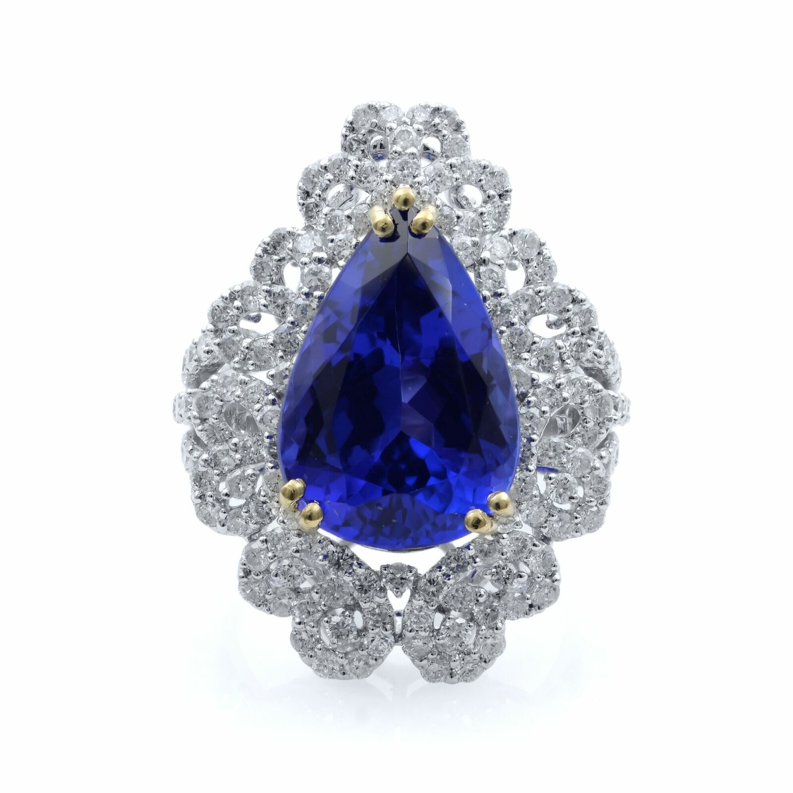True 18K White Gold Pear Shape Blue Tanzanite Diamond Ring 2.10 Cttw