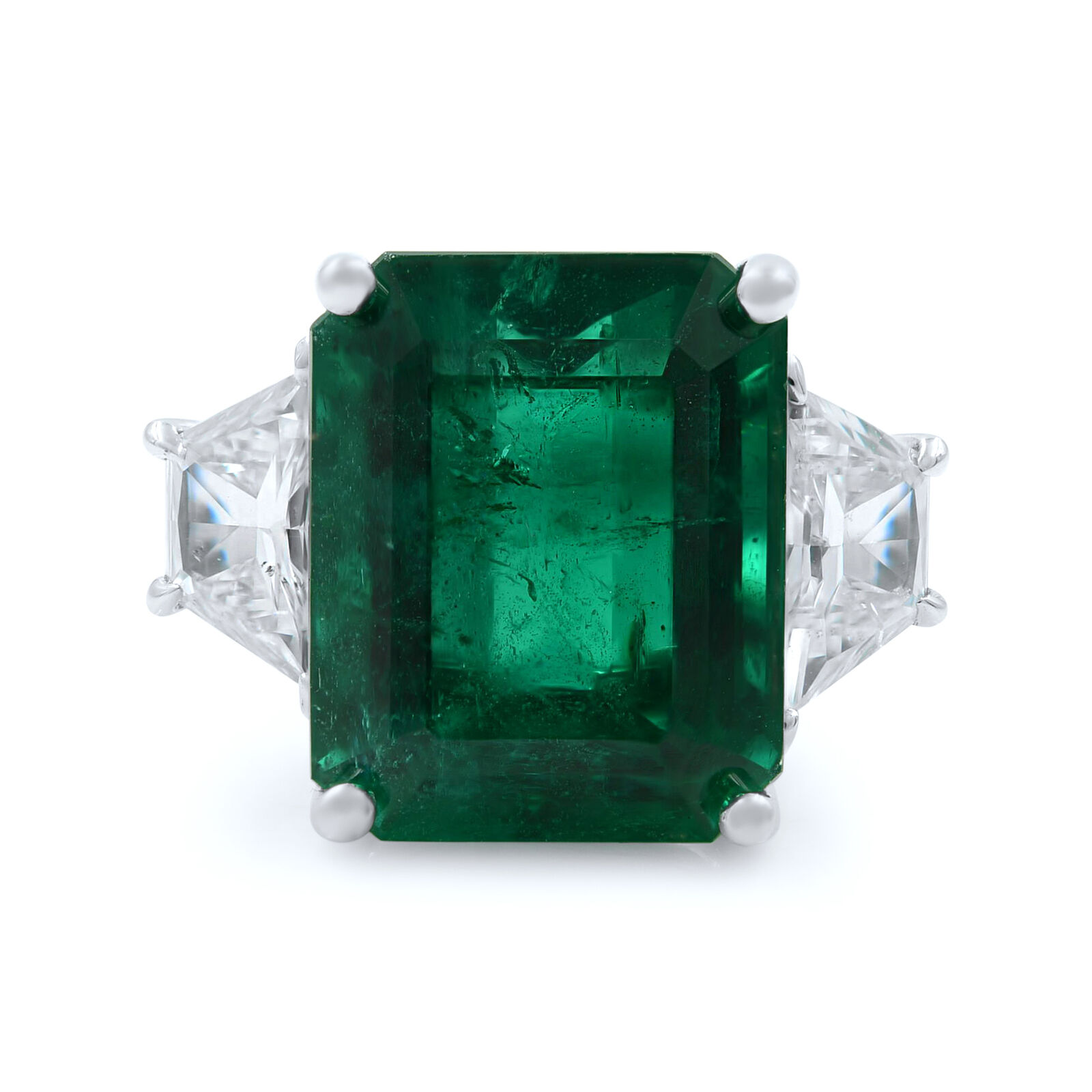 True Three Stone 9.39ct Emerald Diamond Ring 18K White Gold Size 6.5