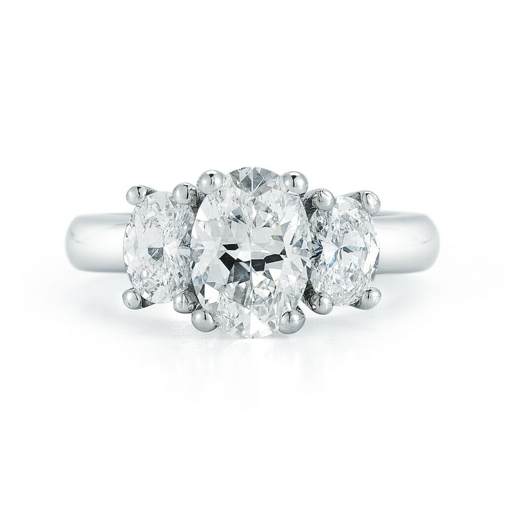True Three Stone Oval Cut Diamond Engagement Ring in Platinum 2.00 ct GIA