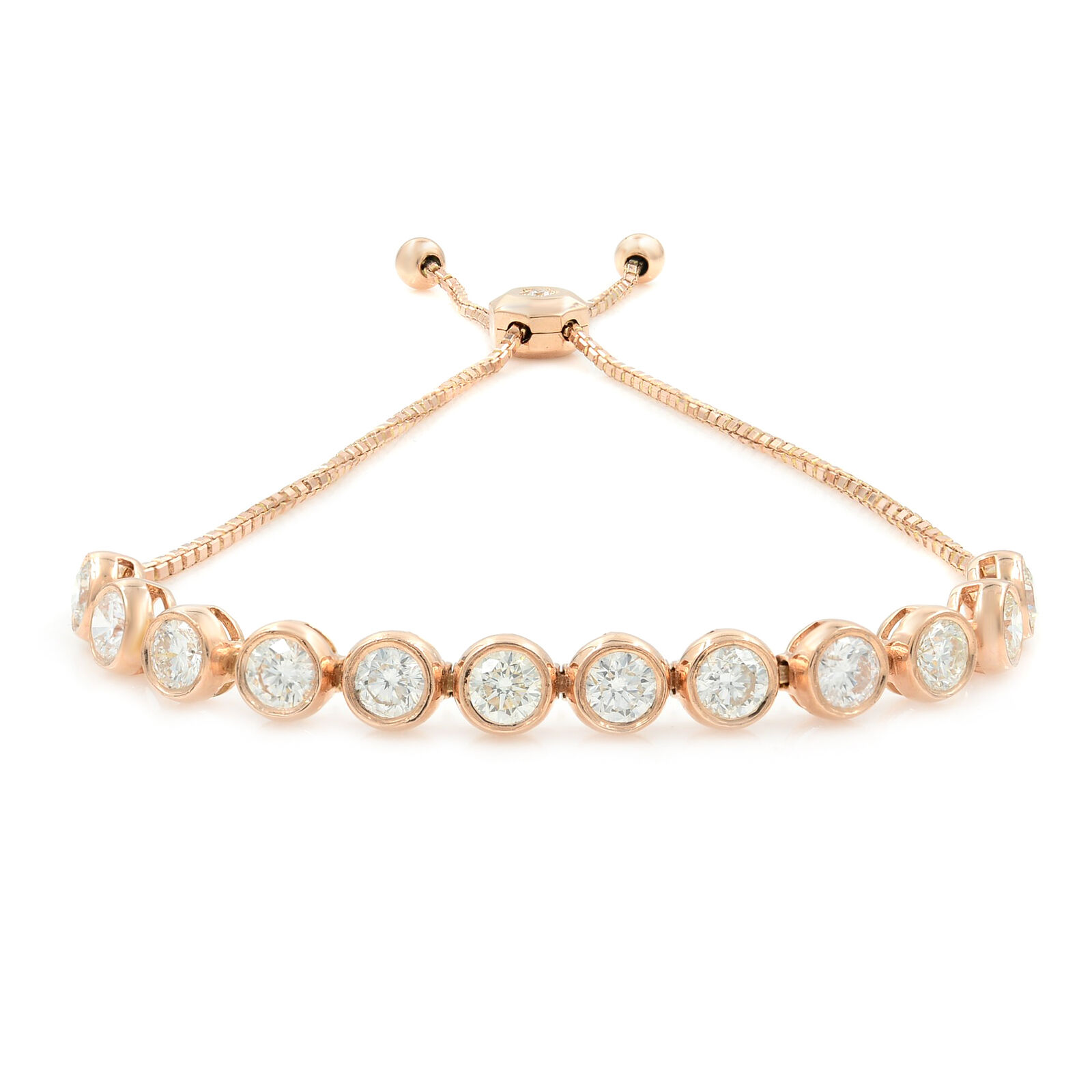 True 14K Rose Gold Diamond Bolo Chain Bezel Set Bracelet 2.05cttw