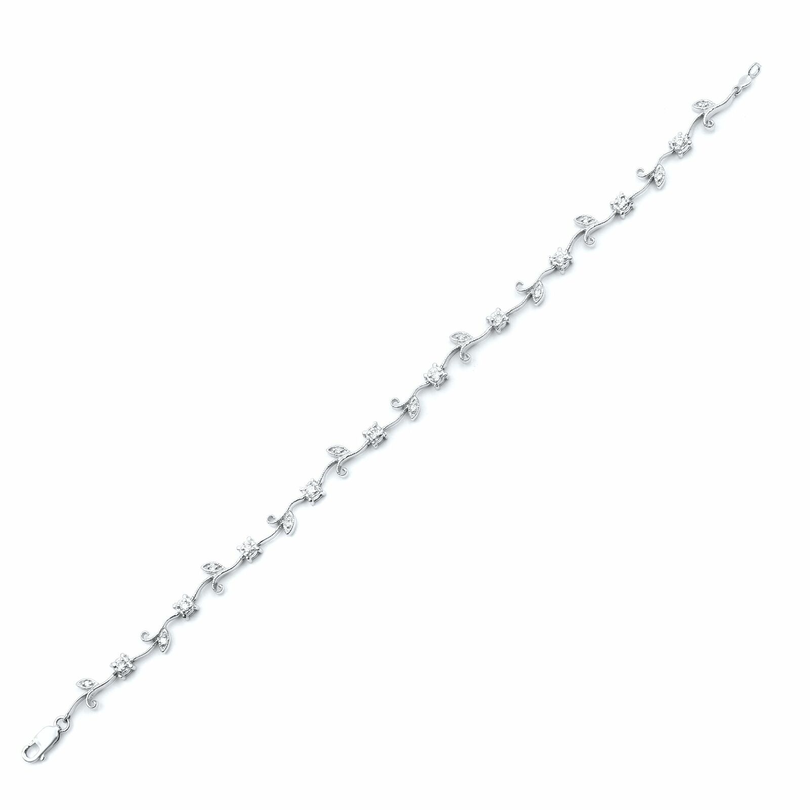 True 14K White Gold Diamond Floral Station Bracelet with Lobster Lock 0.25cts