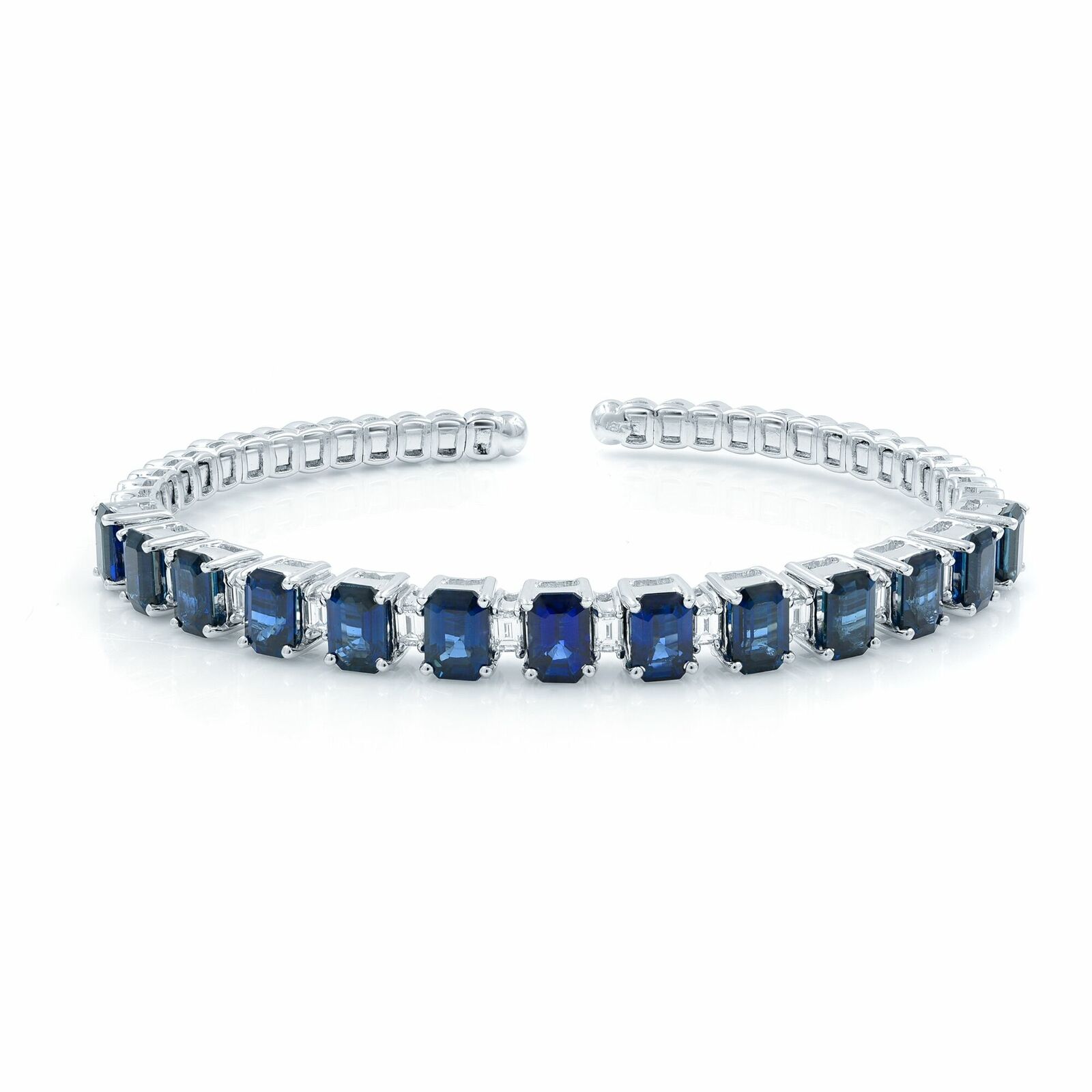 True Sapphire Diamond Bangle Bracelet Cuff 10.20ct 18K White Gold