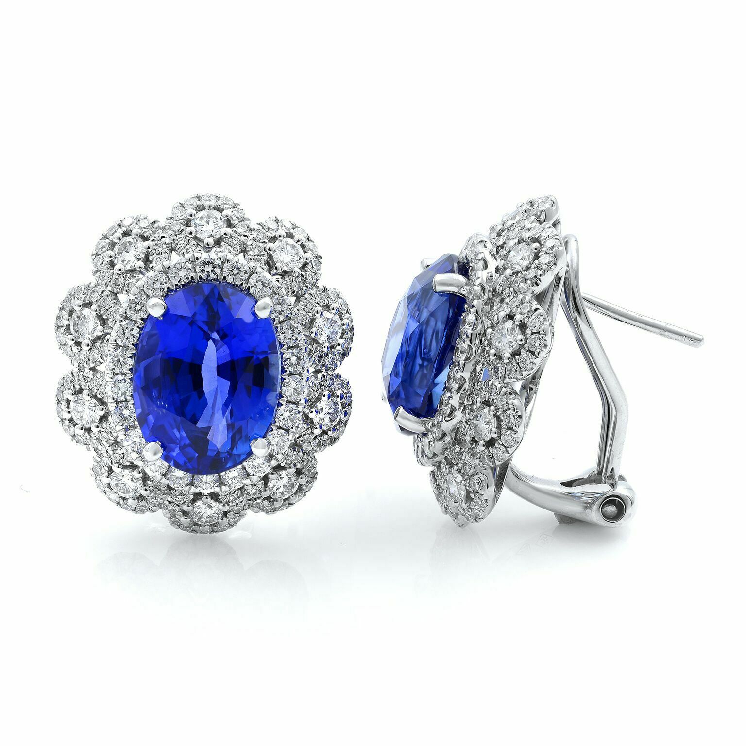 True 18K White Gold Blue Oval Sapphire  Diamond Huggie Earrings 