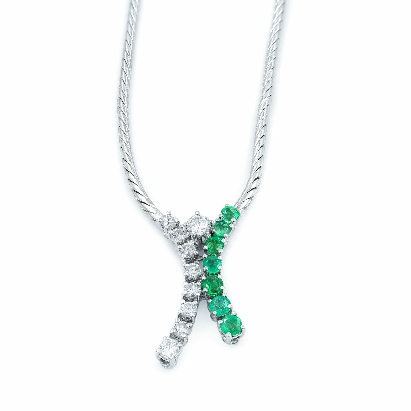 True 14K White Gold Emerald Diamond 0.2cttw Necklace