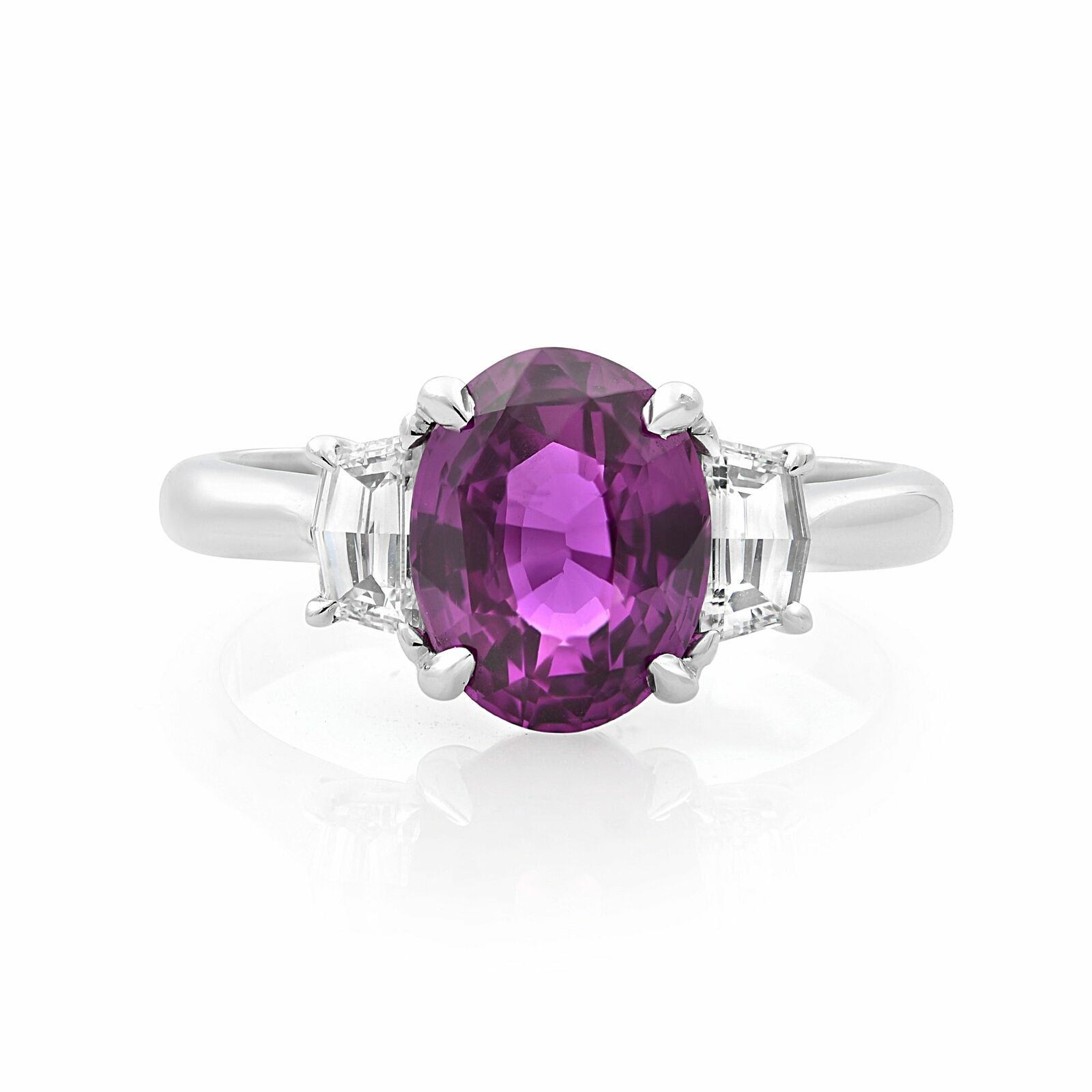 True 18K White Gold Oval Pink Sapphire and Diamond Three Stone Engagement Ring 2.61ct