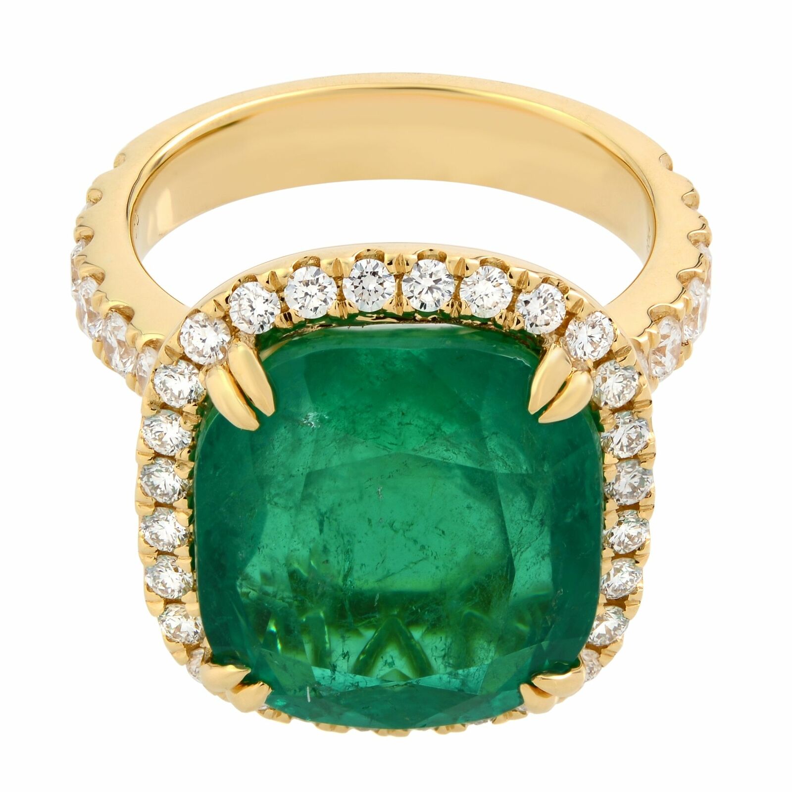 True 18K Yellow Gold Cushion 9.88ct Green Emerald Diamond Halo Engagement Ring SZ 6