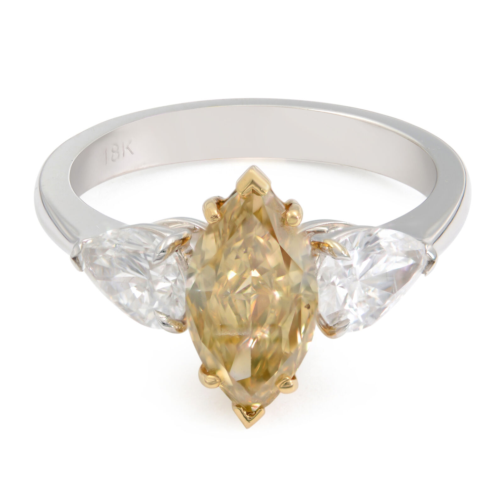 True 18K Two Tone Gold Fancy Marquise Three-Stone Ring 1.56ct Size 6.25