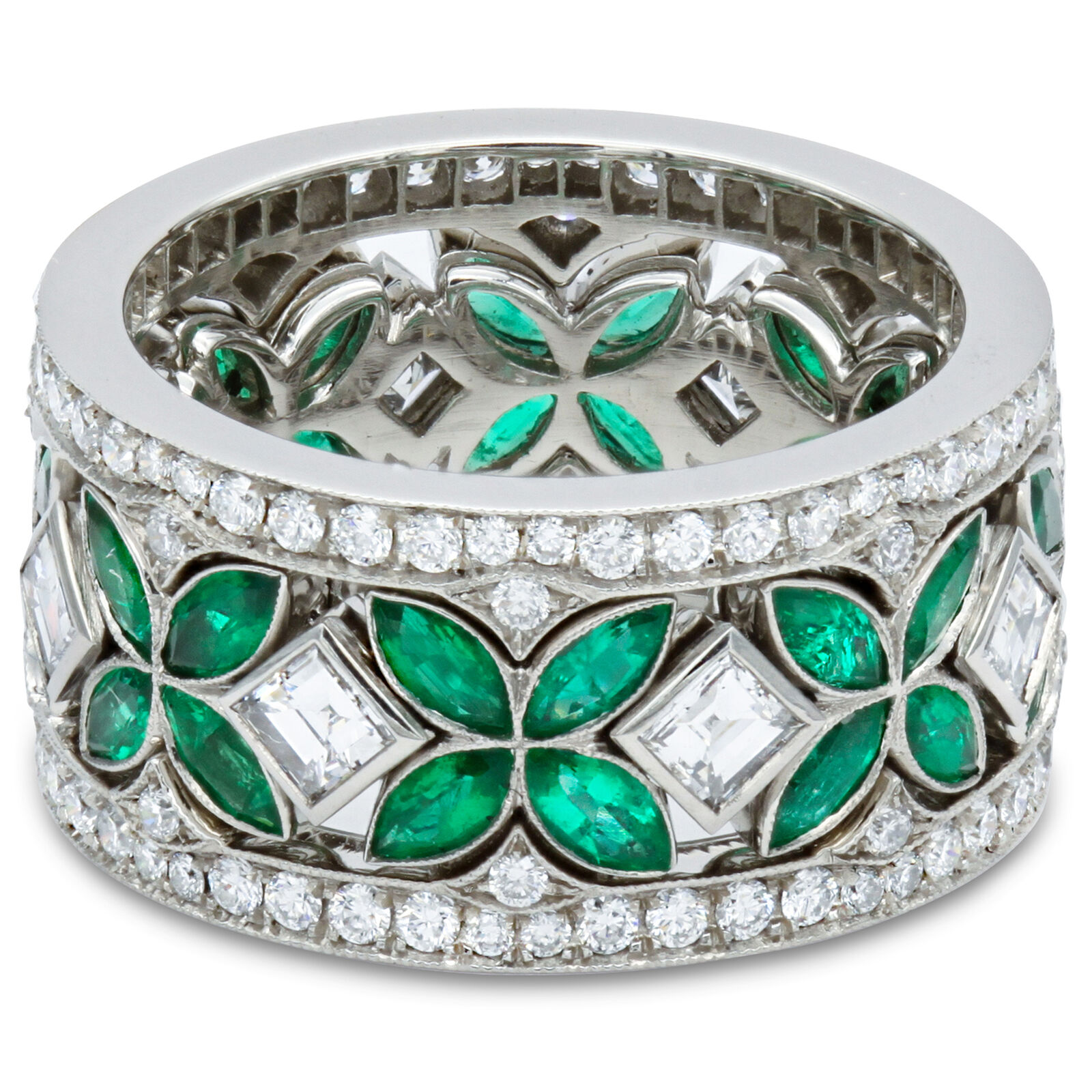 True Platinum Green Emerald Diamond Eternity Set Of 3 Ring Size 6 
