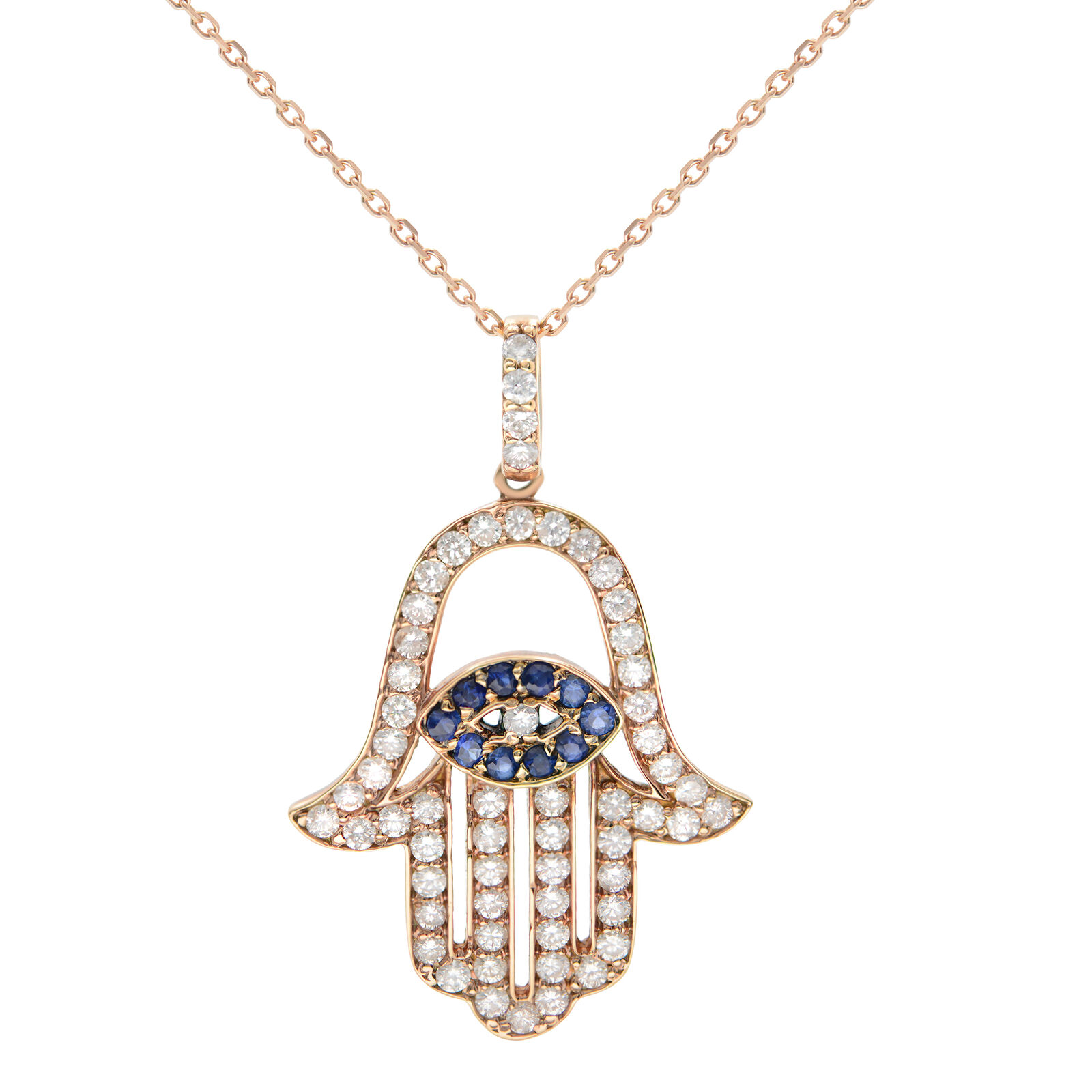 True 18K Rose Gold Diamond  Blue Sapphire Hamsa Pendant 1.01cttw 